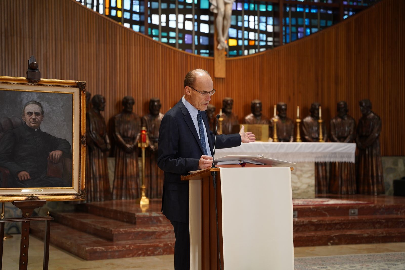 Joe Majcher, vice chairman of the Orchard Lake Schools Board of Regents, speaks before a Mass of Thanksgiving for the 136 years of service SS. Cyril and Methodius Seminary has provided. Majcher said the decision to close the seminary was a painful one, but the mission of promoting a Polish Catholic identity continues at the Orchard Lake Schools.