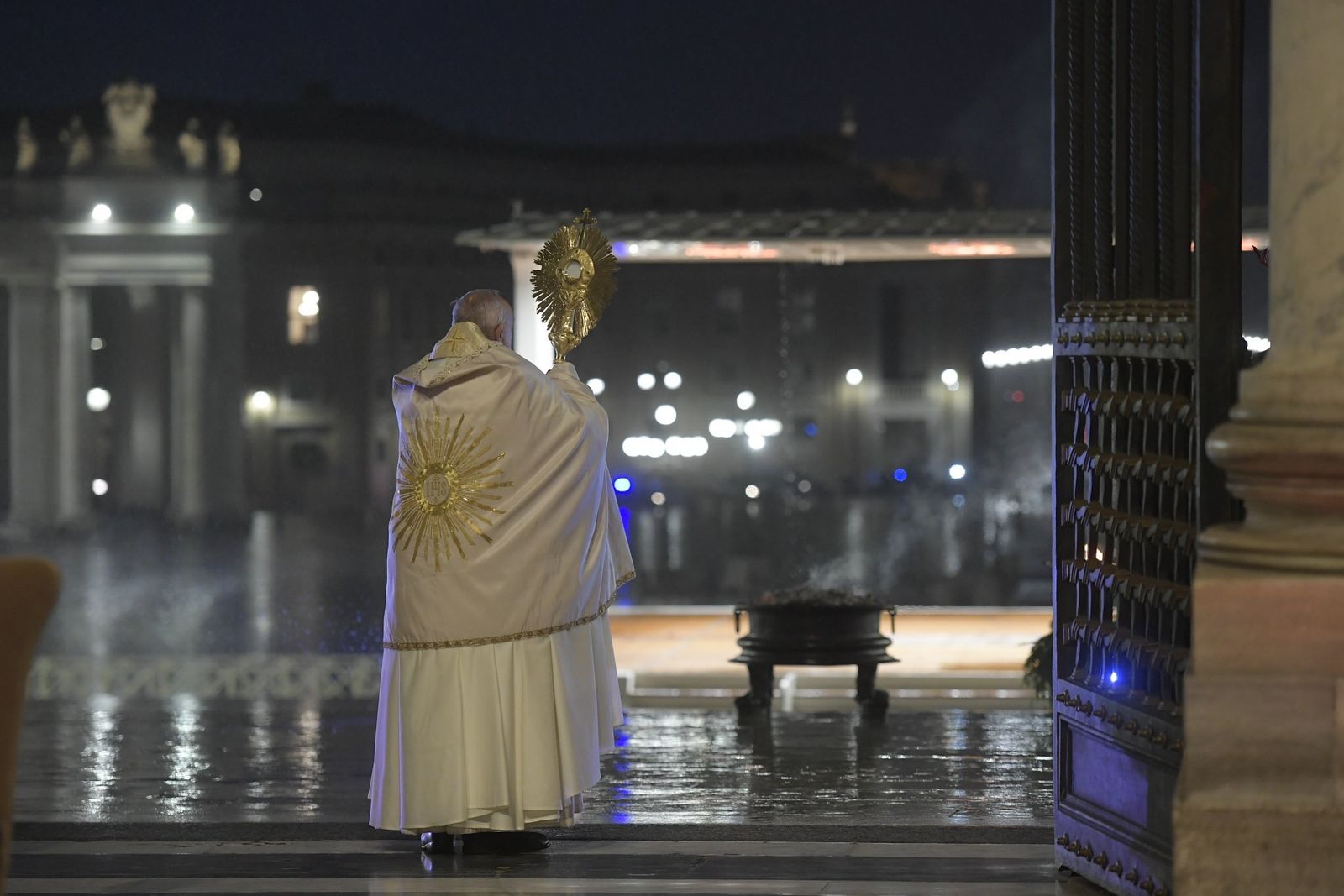 Pope Francis holds the monstrance as he delivers his extraordinary blessing "urbi et orbi" (to the city and the world) during a prayer service in the portico of St. Peter's Basilica at the Vatican March 27, 2020. The service was livestreamed in the midst of the coronavirus pandemic. (CNS photo/Vatican Media)