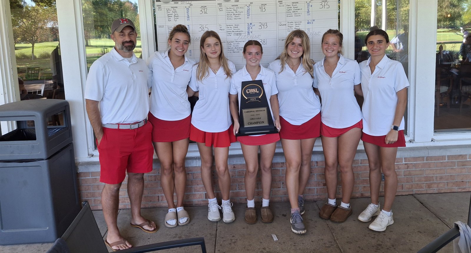 St. Mary’s Prep won its first CHSL Girls Golf Cardinal Division championship. Coach Chris Brecht, Clare Donovan, Kelci Sikorsky, Hailey Ward, Charli Sikorsky, Emma Parzuchowski and Adrianna Salem.