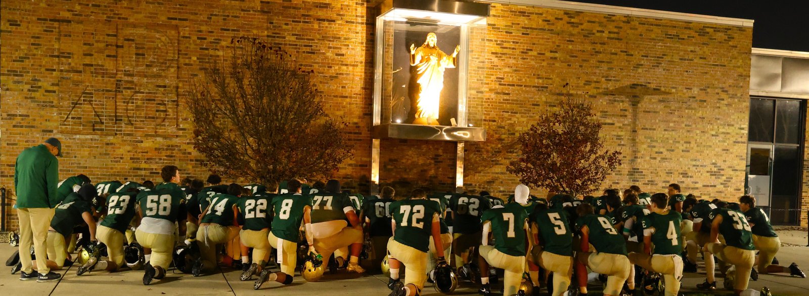On the way to a battle on the gridiron, the Lumen Christi football team pauses to thank God for the opportunity, ask for wisdom in decision-making, and express gratitude for both victory and defeat.