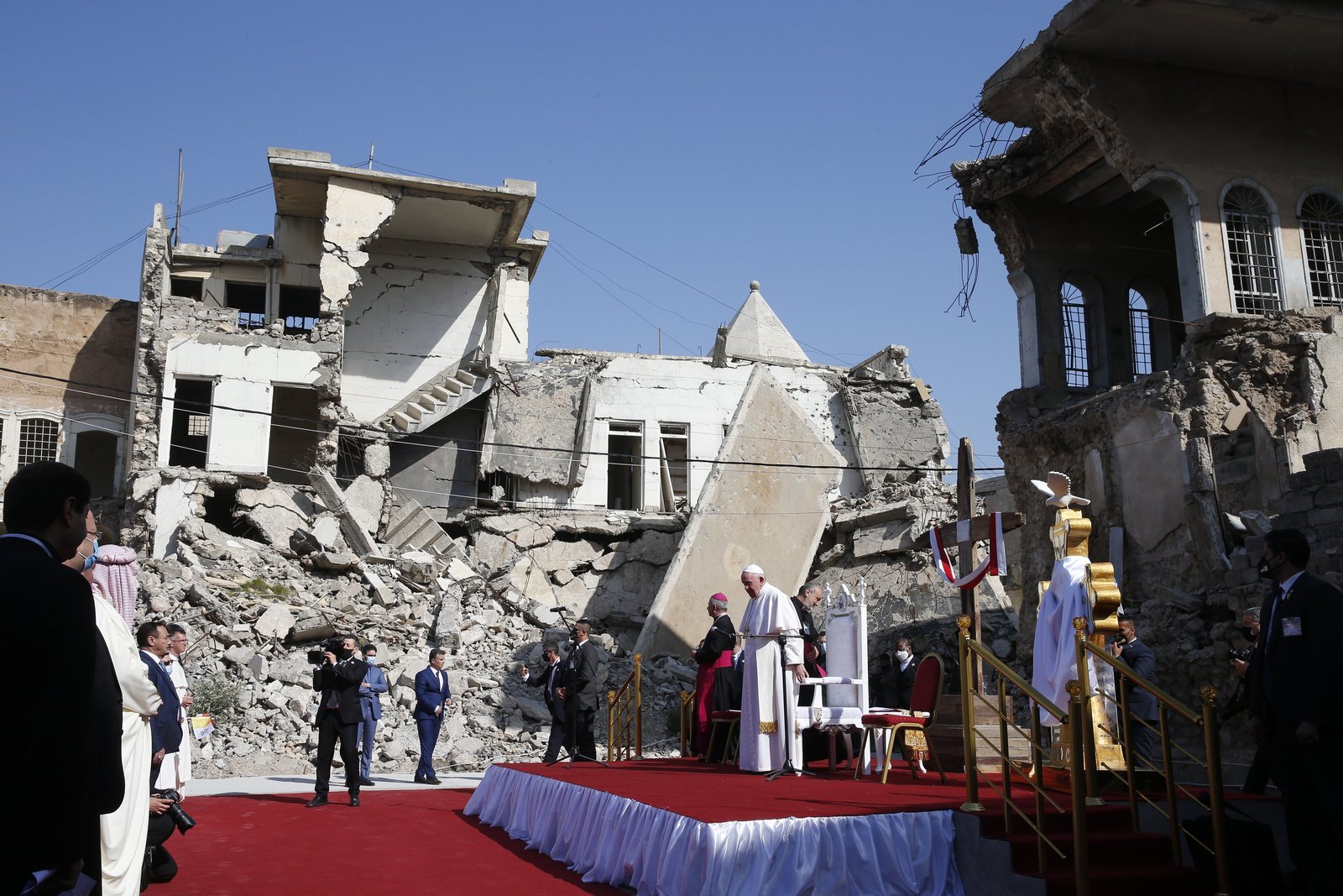 Pope Francis participates in a memorial prayer March 7, 2021, at Hosh al-Bieaa, the church square, in Mosul, Iraq, for the victims of the ISIS war. Syriac Catholic, Armenian Orthodox, Syriac Orthodox and Chaldean Catholic churches were all destroyed in the war between 2014 and 2017. (CNS photo/Paul Haring)