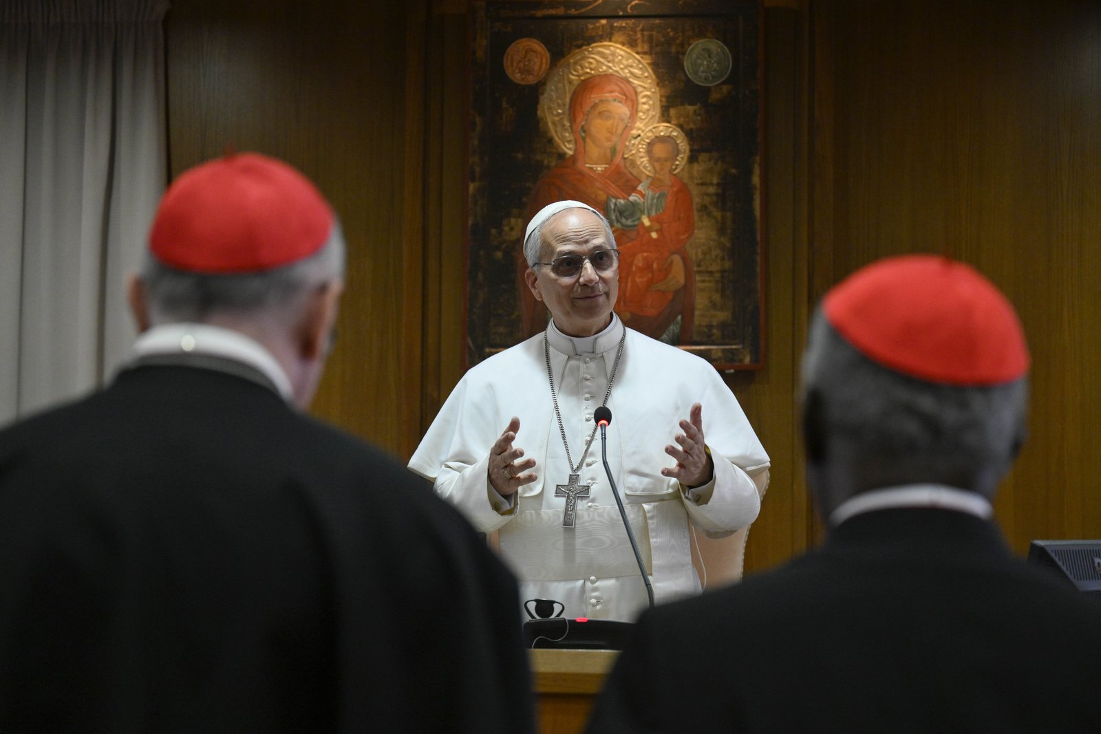 Pope Leo XIV speaks with the College of Cardinals in the New Synod Hall at the Vatican May 10, 2025, during his first formal address to the college since his election May 8. (CNS photo/Vatican Media)