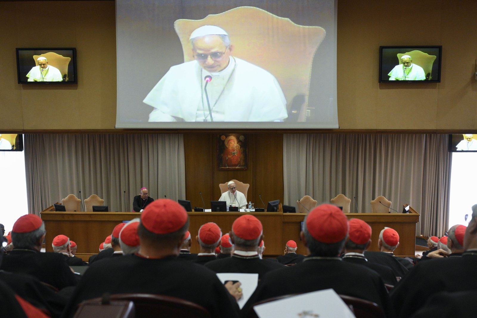 Pope Leo XIV speaks with the College of Cardinals in the New Synod Hall at the Vatican May 10, 2025, during his first formal address to the college since his election May 8. (CNS photo/Vatican Media)