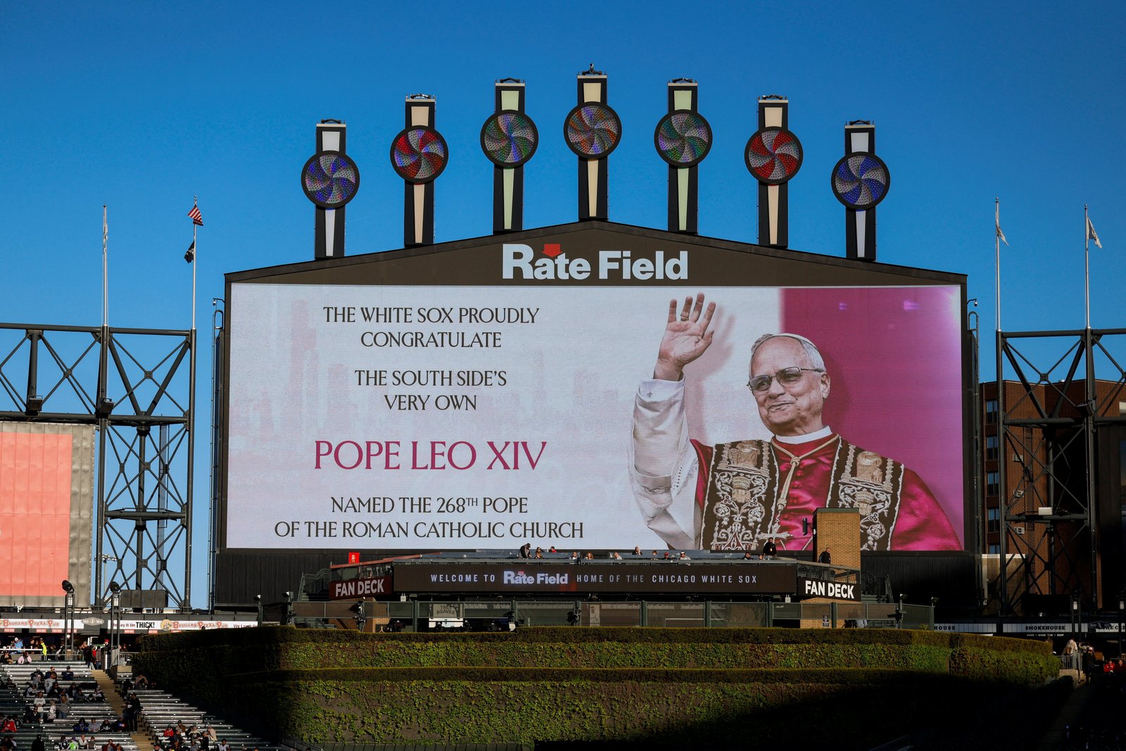 An tribute to Pope Leo XIV, formally Cardinal Robert Prevost, is displayed inside the Rate Field baseball stadium in Chicago, May 9, 2025, before a game between the Chicago White Sox and the Miami Marlins. The Chicago-born pontiff was elected the first American pope in history at the Vatican May 8. (OSV News photo/Carlos Osorio, Reuters)