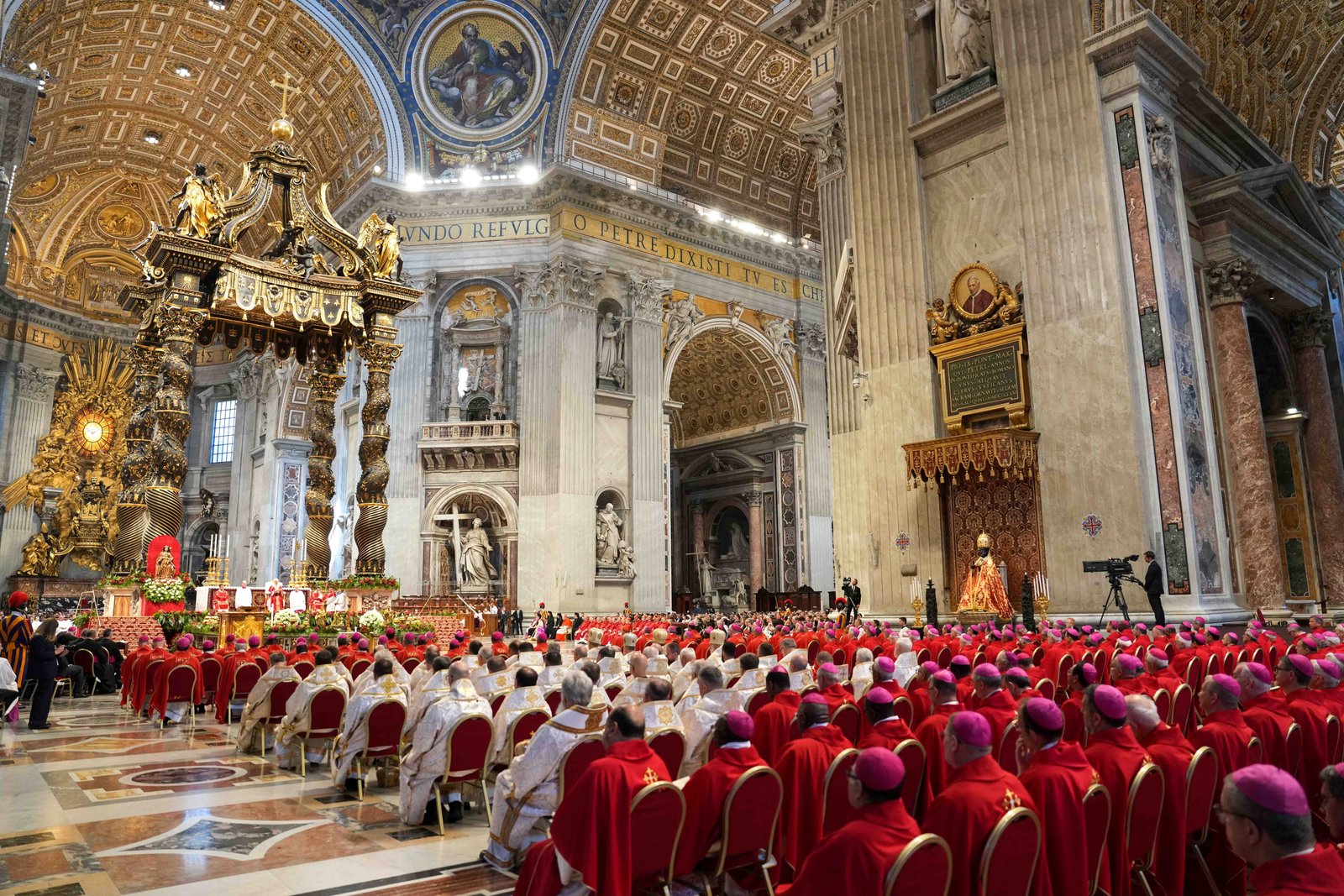 Pope Leo XIV gives his homily during Mass for the feast of Sts. Peter and Paul in St. Peter’s Basilica at the Vatican June 29, 2025. The pope wore red vestments to recall the martyrdom of the two saints. (CNS photo/Lola Gomez)