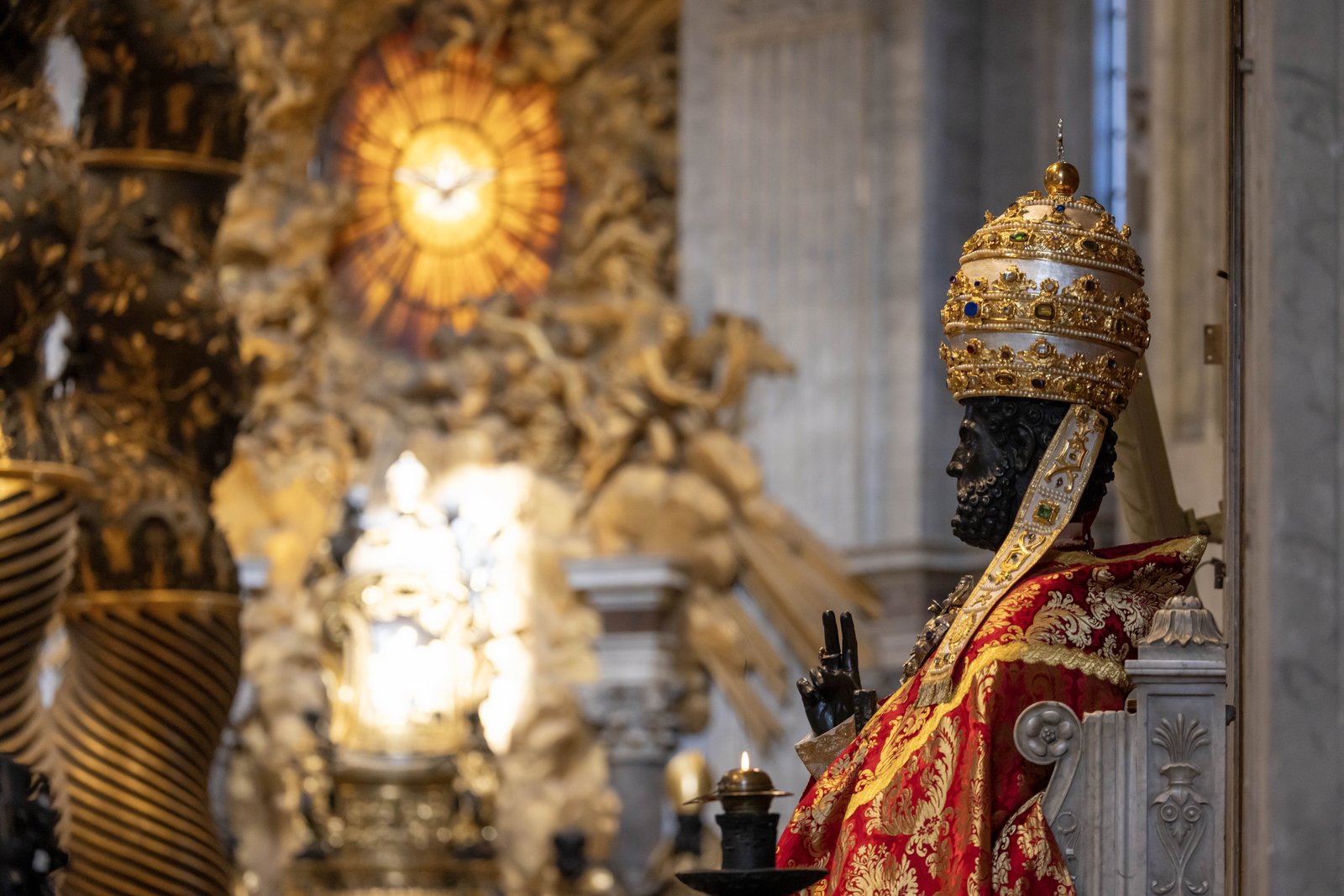 The statue of St. Peter is adorned with papal vestments for the feast of Sts. Peter and Paul as bishops and cardinals attend Mass celebrated by Pope Leo XIV in St. Peter’s Basilica at the Vatican June 29, 2025. (CNS photo/Pablo Esparza)