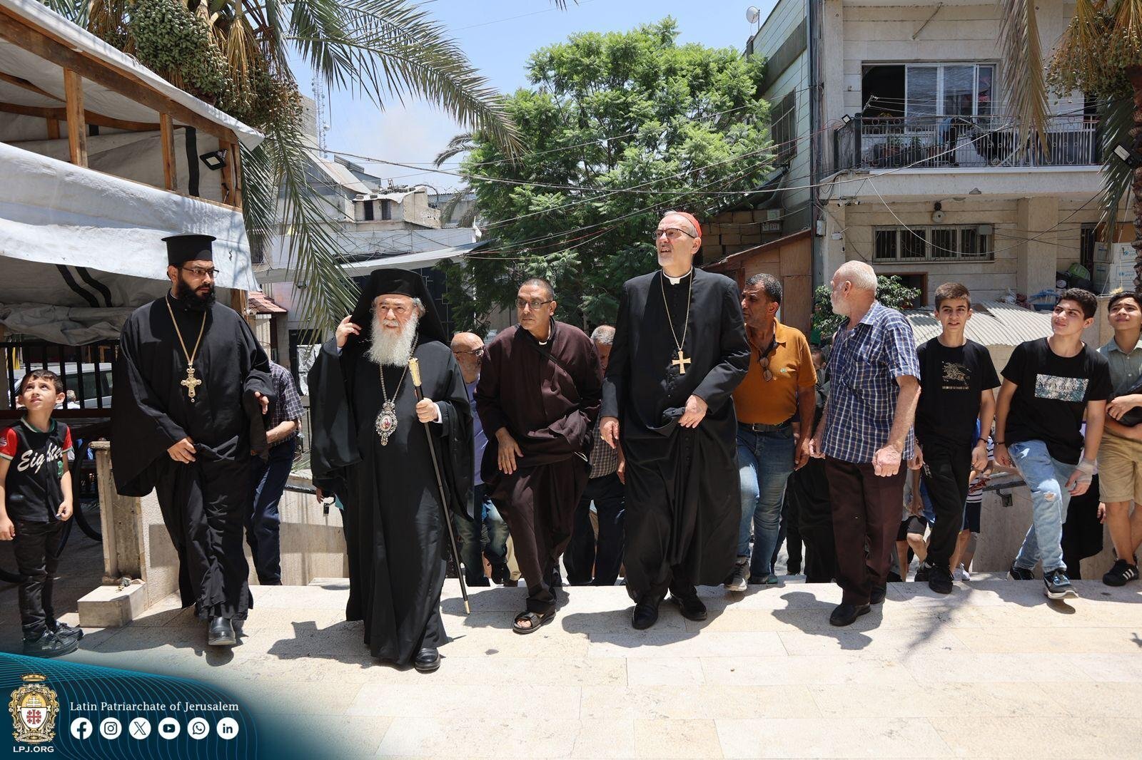 Latin Patriarch of Jerusalem Cardinal Pierbattista Pizzaballa, who entered the Gaza Strip together with Greek Orthodox Patriarch of Jerusalem Theophilos III, is seen on a July 18, 2025 photo on the premises of Holy Family Parish in Gaza City. They offered support, closeness and prayers following the Israeli military strike on the Holy Family Parish compound in Gaza City, which killed three people and wounded ten, including parish pastor Father Gabriel Romanelli, on July 17. (OSV News photo/courtesy Latin Patriarchate of Jerusalem)