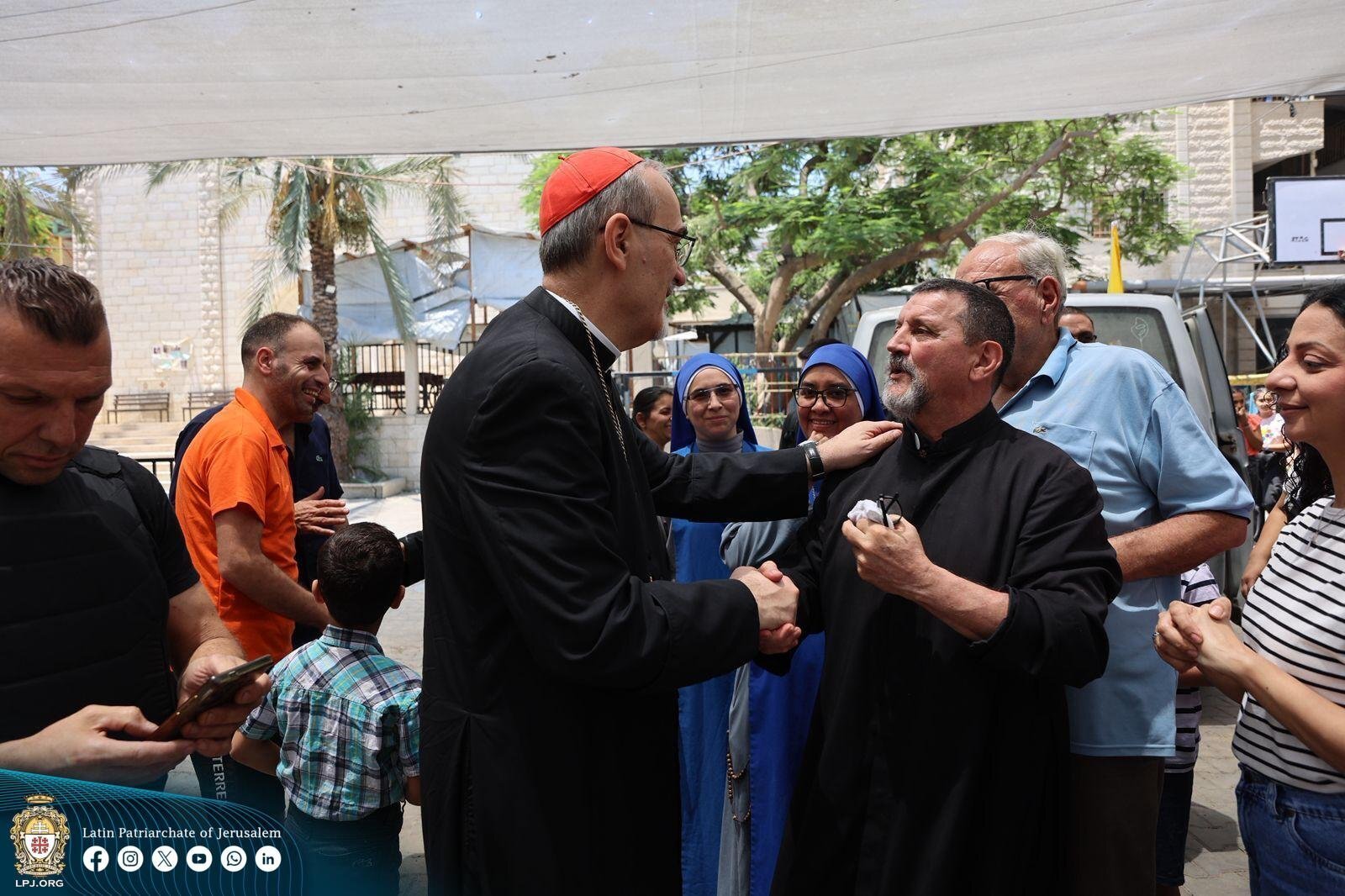 Latin Patriarch of Jerusalem Cardinal Pierbattista Pizzaballa, who entered the Gaza Strip together with Greek Orthodox Patriarch of Jerusalem Theophilos III, is seen on a July 18, 2025 photo on premises of Holy Family Parish in Gaza City, with Father Carlos Ferrero, Provincial Superior of the Institute of the Incarnate Word. The patriarchs offered support, closeness and prayers following the Israeli military strike on the Holy Family Parish compound in Gaza City, which killed three people and wounded ten, including parish pastor Father Gabriel Romanelli, on July 17. (OSV News photo/courtesy Latin Patriarchate of Jerusalem)