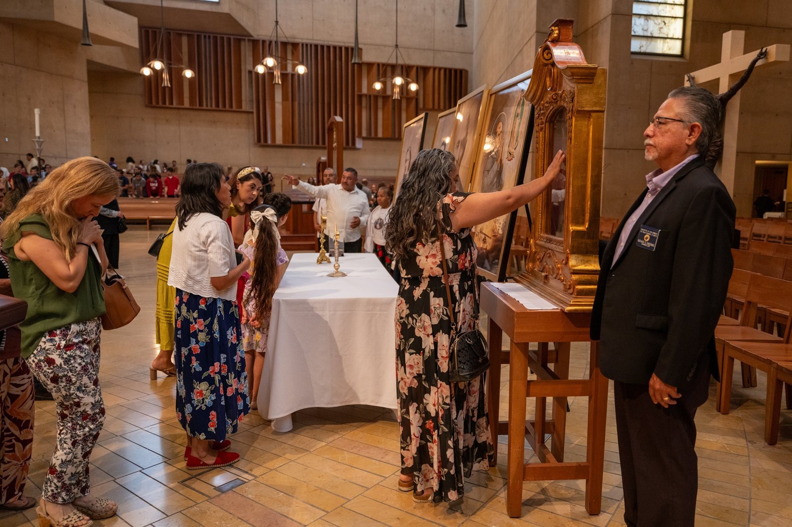 People wait to venerate relics of Sts. Junípero Serra, Toribio Romo, John Baptist Scalabrini, and Frances Xavier Cabrini during a Mass in Recognition of All Immigrants at the Cathedral of Our Lady of the Angels Sept. 21, 2025. The relics are beloved by immigrants. (OSV News photo/Evan Lirette, courtesy Archdiocese of Los Angeles)