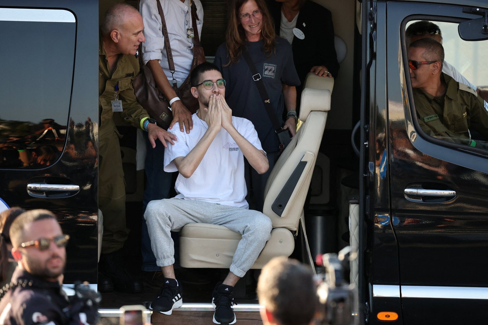 Released Israeli hostage Evyatar David, who was kidnapped during the deadly Oct. 7, 2023, attack by Hamas and taken to Gaza, gestures upon arrival at Rabin Medical Center-Beilinson Hospital, amid a hostages-prisoners swap and a ceasefire deal between Israel and Hamas in Gaza, in Petah Tikva, Israel, Oct. 13, 2025. (OSV News photo/Stoyan Neno, Reuters)