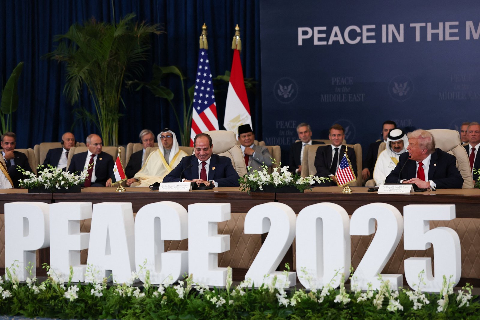 U.S. President Donald Trump and Egypt's President Abdel Fattah al-Sisi attend a world leaders' summit in Sharm el-Sheikh, Egypt, Oct. 13, 2025, on ending the Gaza war, amid a U.S.-brokered prisoner-hostage swap and ceasefire deal between Israel and Hamas. (OSV News photo/Suzanne Plunkett, pool via Reuters)