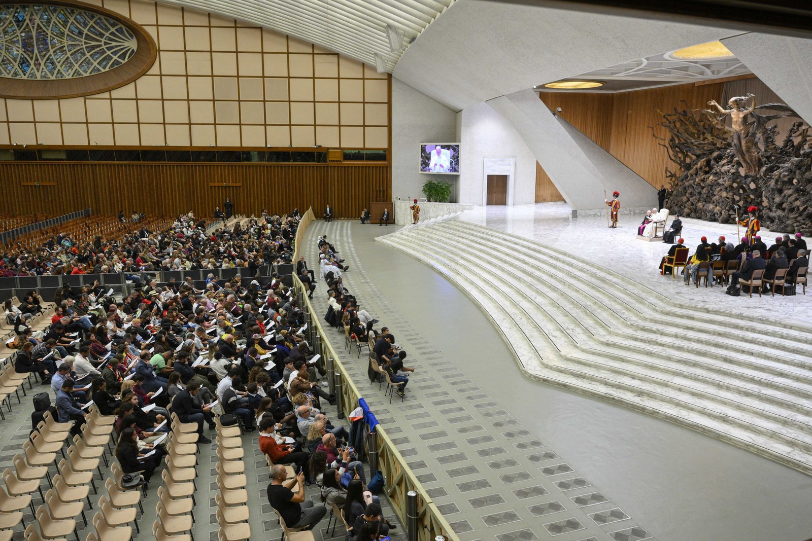 Pope Leo XIV speaks at a gathering of popular movements as part of their Jubilee in the Paul VI Audience Hall at the Vatican Oct. 23, 2025. (CNS photo/Vatican Media)