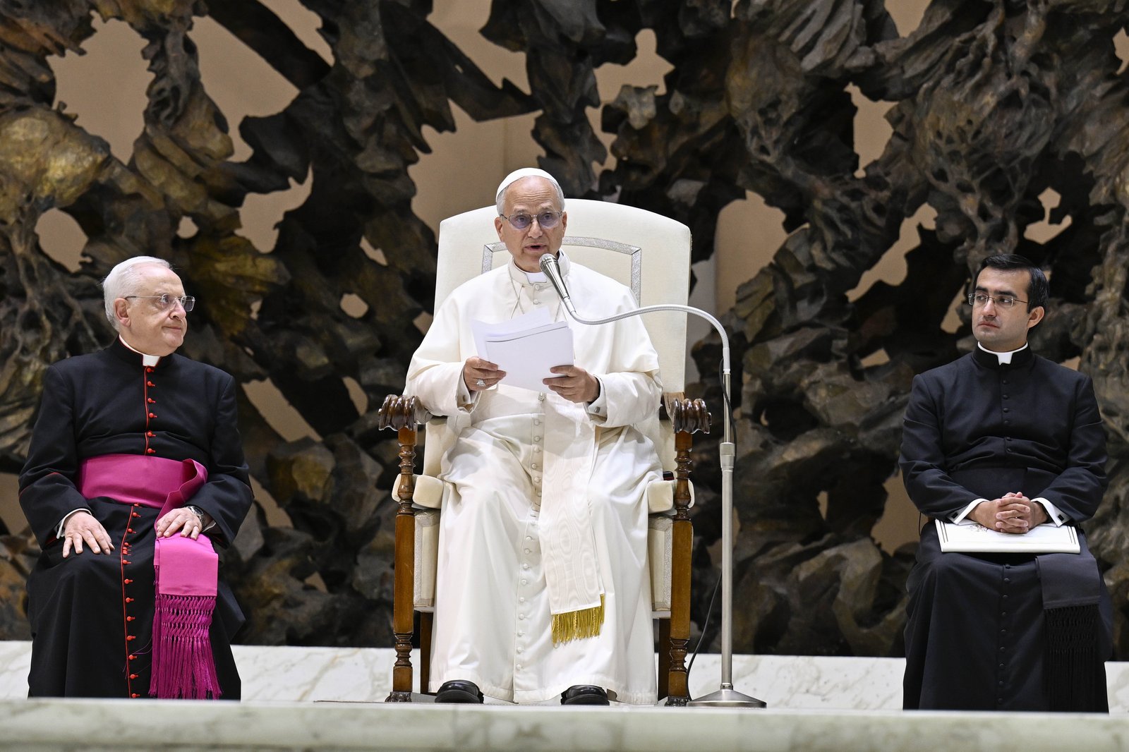 Pope Leo XIV speaks at a gathering of popular movements as part of their Jubilee in the Paul VI Audience Hall at the Vatican Oct. 23, 2025. (CNS photo/Vatican Media)