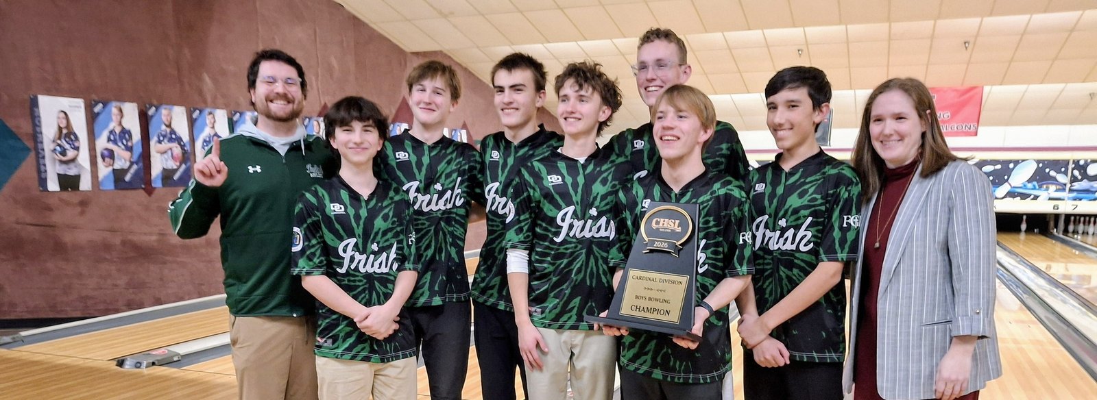 Irish eyes are smiling at Ann Arbor Fr. Gabriel Richard. It’s the first Cardinal Division boys bowling championship the Irish have won. Celebrating are coach McCulloch, Henry Hoeft, Cameron McLeod, Jonathan Rapoza, Andrew Hoeft, Ryan Schwartz, David Levine, Joseph Berkowski, and coach Noble.