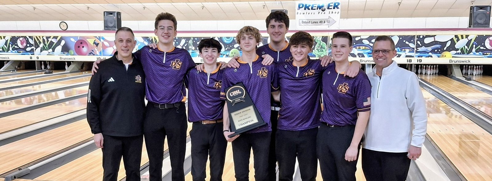 Warren De La Salle Collegiate will add this latest CHSL Bishop Division boys bowling trophy alongside ones the Pilots won in 2017 and 2018. From the left, they are coach Aaron Wilks, Ben Nunnold, Jerome Adragna, James Spicuzzi, Paul Thacker, Jack Kowalkowski, Joshua Wilks, and head coach Jay Lang.