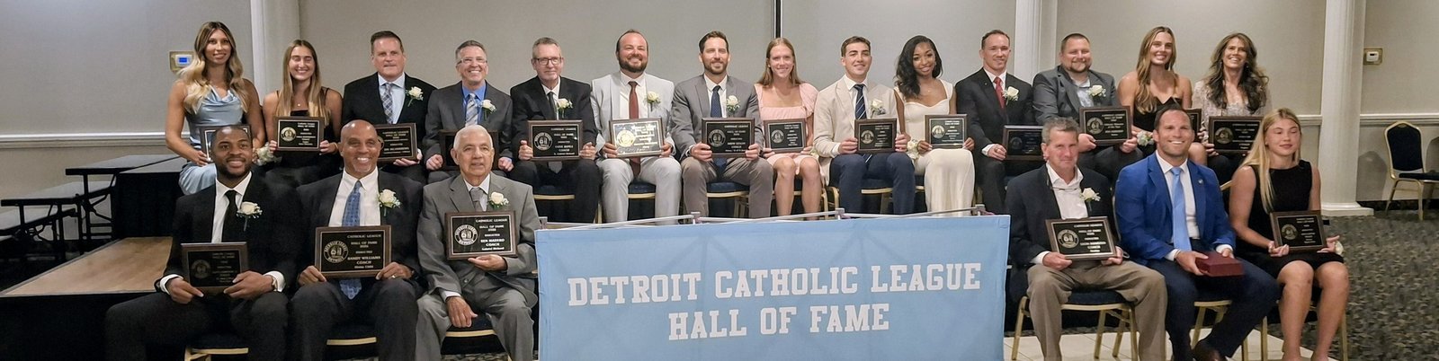 The CHSL Hall of Fame Class of 2026: (front row, left to right): Allen Robinson II, Randy Williams, Ben Madero, Leon Braisted, Mitch Hancock, Grace Rotter. (Back row): Sarah Sylvester, Ava Brizard, Jim McAndrews, Gary Morris, Steve Royce, Brandon Malinowski, Drew Edson, Greta Gridley, Lucas Cross, Anika Robinson, Derek Gilcher, Ben Kerfoot, Grace Zdankiewicz, Rebecca Hendren.