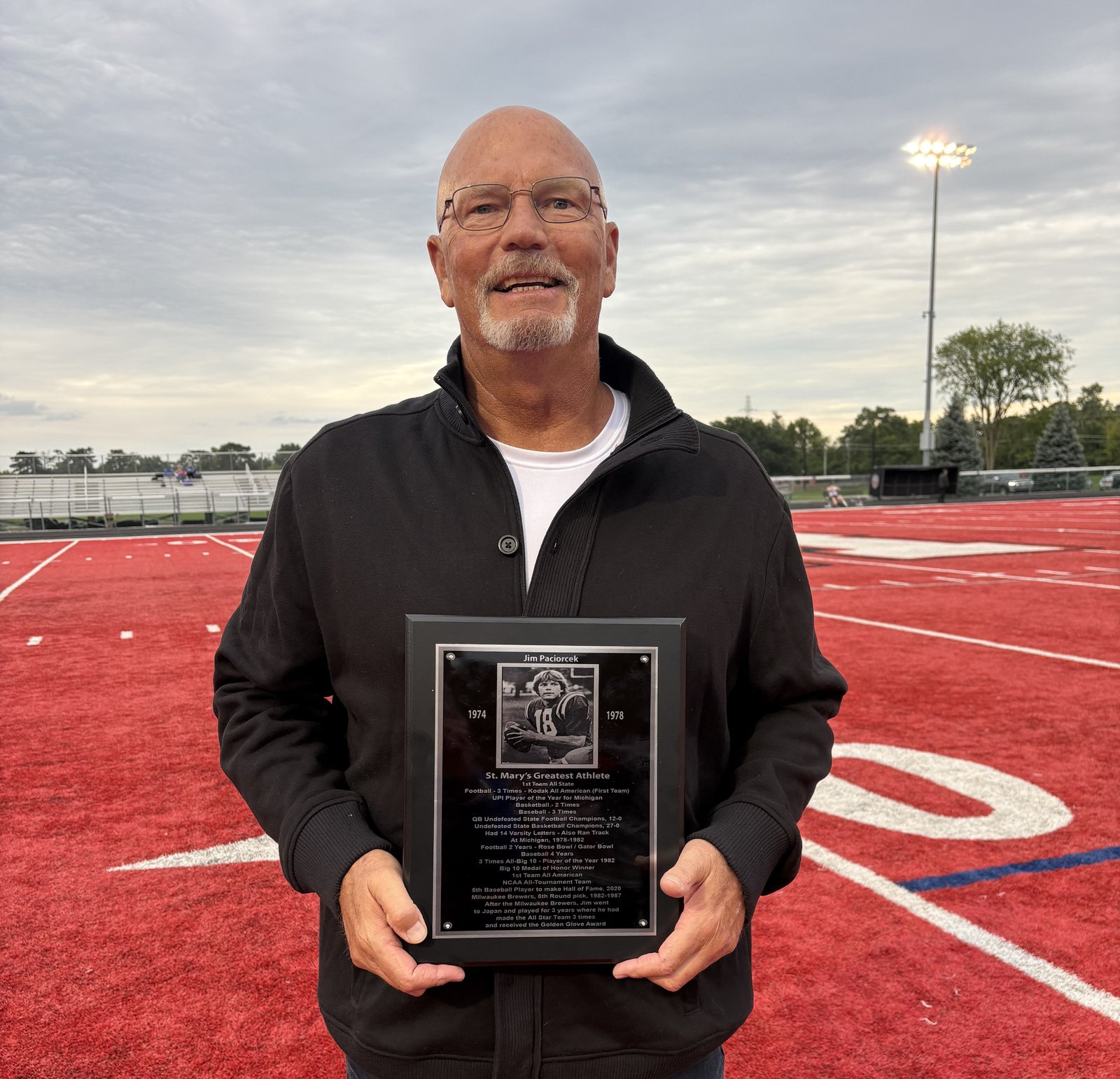 The plaque tells it all about the accomplishments and tributes that made Jim Paciorek the “Greatest of All Time” in the 100-plus years of sports at Orchard Lake St. Mary’s. (Photo courtesy of Janine Gluski)