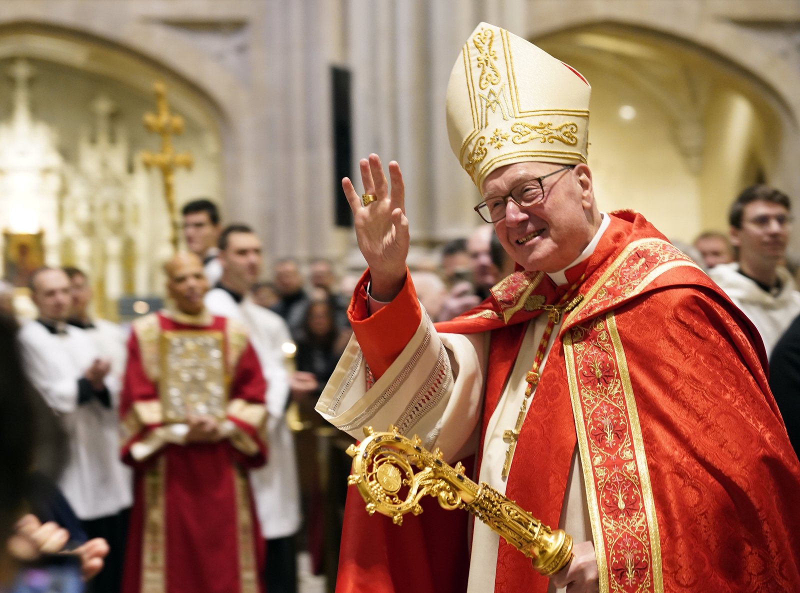 Cardinal Timothy M. Dolan, retired archbishop of New York, smiles as he arrives for the installation Mass of his successor, Archbishop Ronald A. Hicks, at St. Patrick's Cathedral in New York City Feb. 6, 2026. The liturgy was celebrated on Cardinal Dolan's 76th birthday. (OSV News photo/Gregory A. Shemitz)