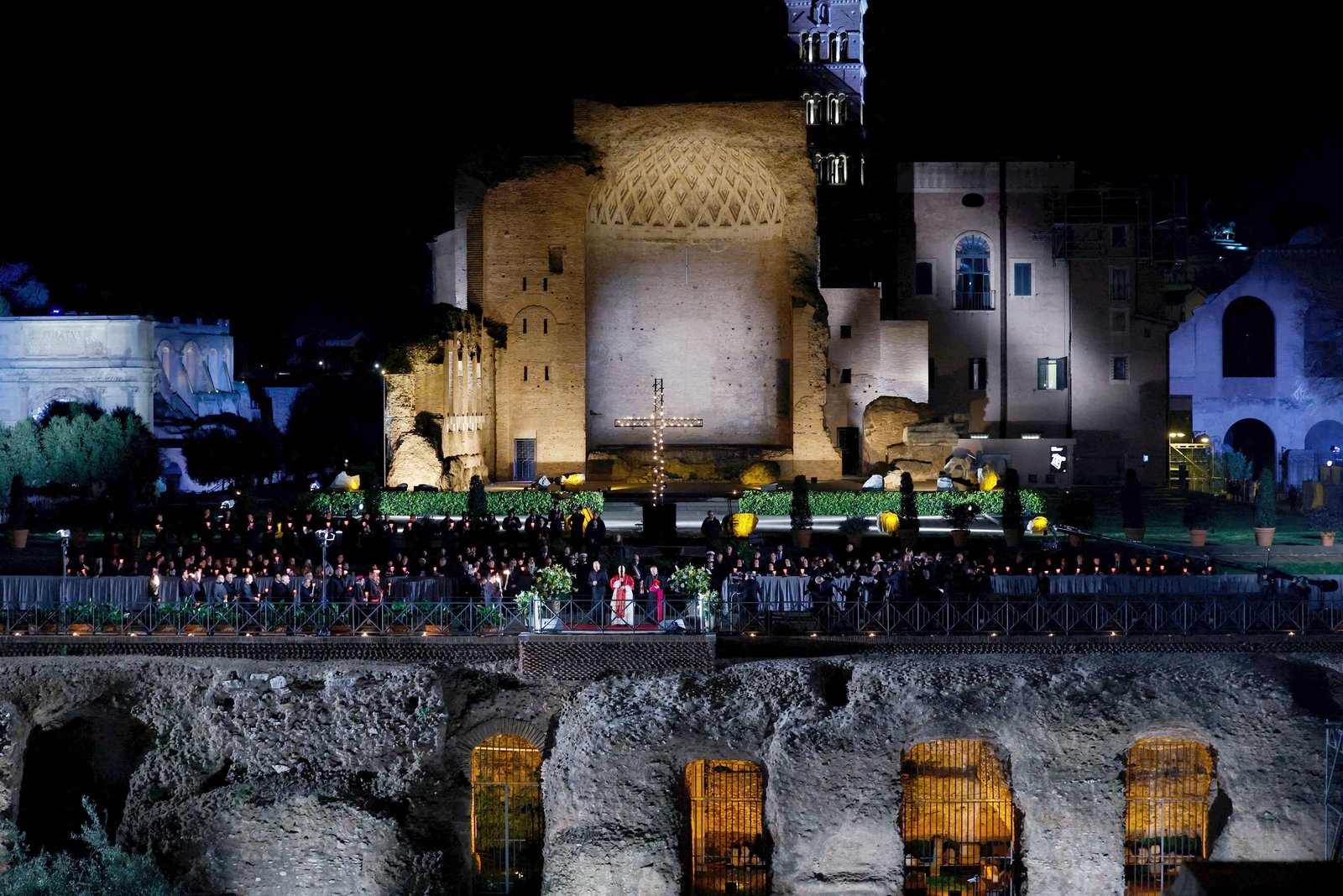 Pope Leo XVI leads the Way of the Cross at the Colosseum in Rome April 3, 2026. (OSV News photo/Remo Casilli, Reuters)