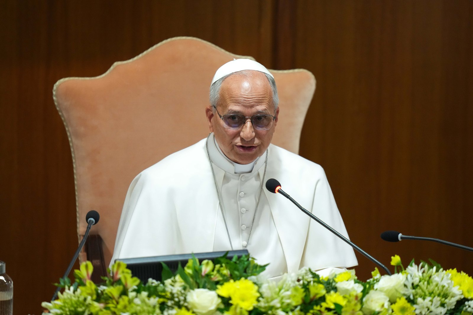 Pope Leo XIV speaks at a presentation of his encyclical "Magnifica Humanitas: On Safeguarding the Human Person in the Time of Artificial Intelligence" at the Synod Hall at the Vatican May 25, 2026. The document marks the first encyclical of his pontificate. (CNS photo/Lola Gomez)