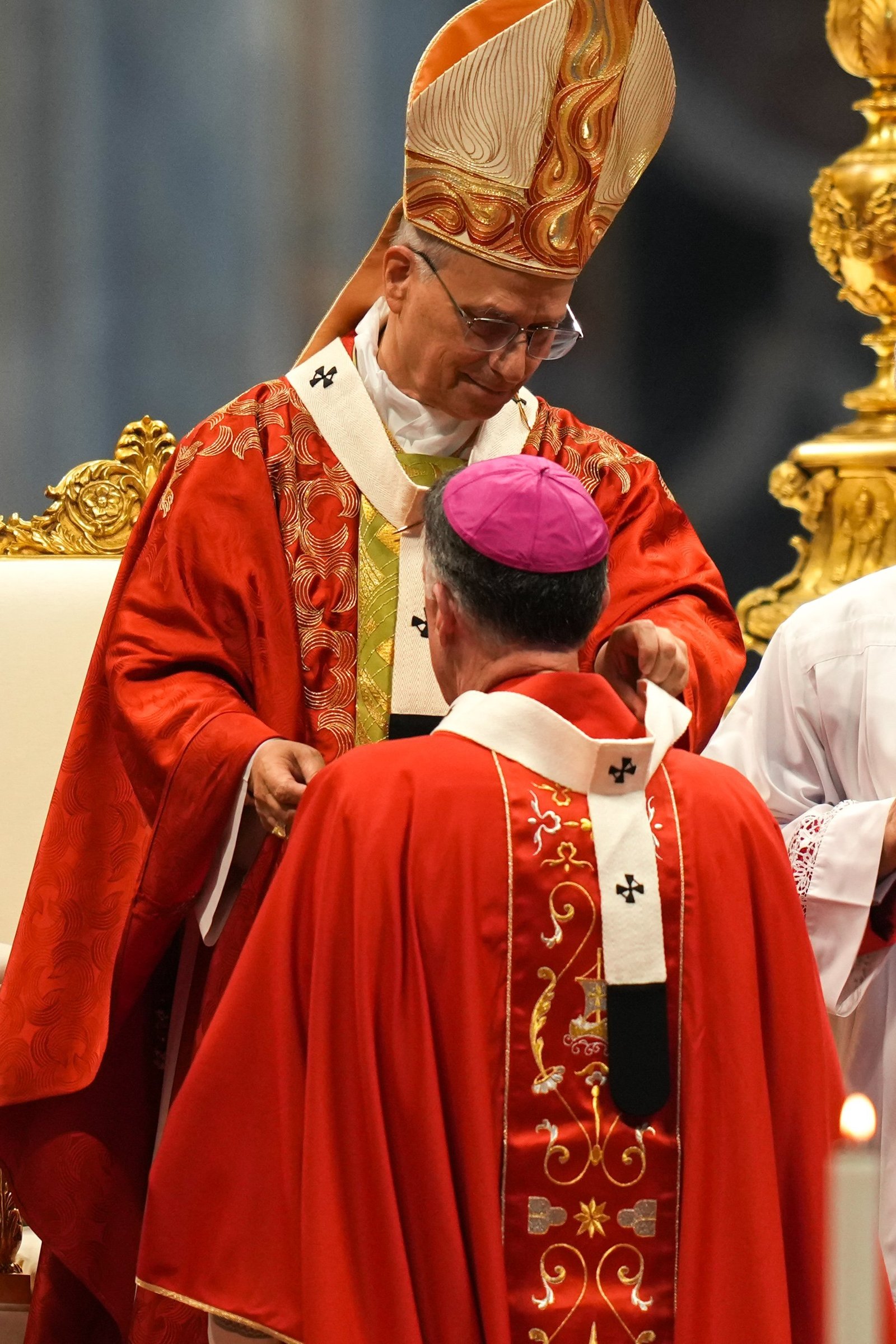 Archbishop James F. Checchio of New Orleans receives his pallium from Pope Leo XIV during Mass in St. Peter’s Basilica at the Vatican June 29, 2026, the feast of Sts. Peter and Paul. The pope blessed palliums for 35 new metropolitan archbishops, including four from the United States. (CNS photo/Lola Gomez)