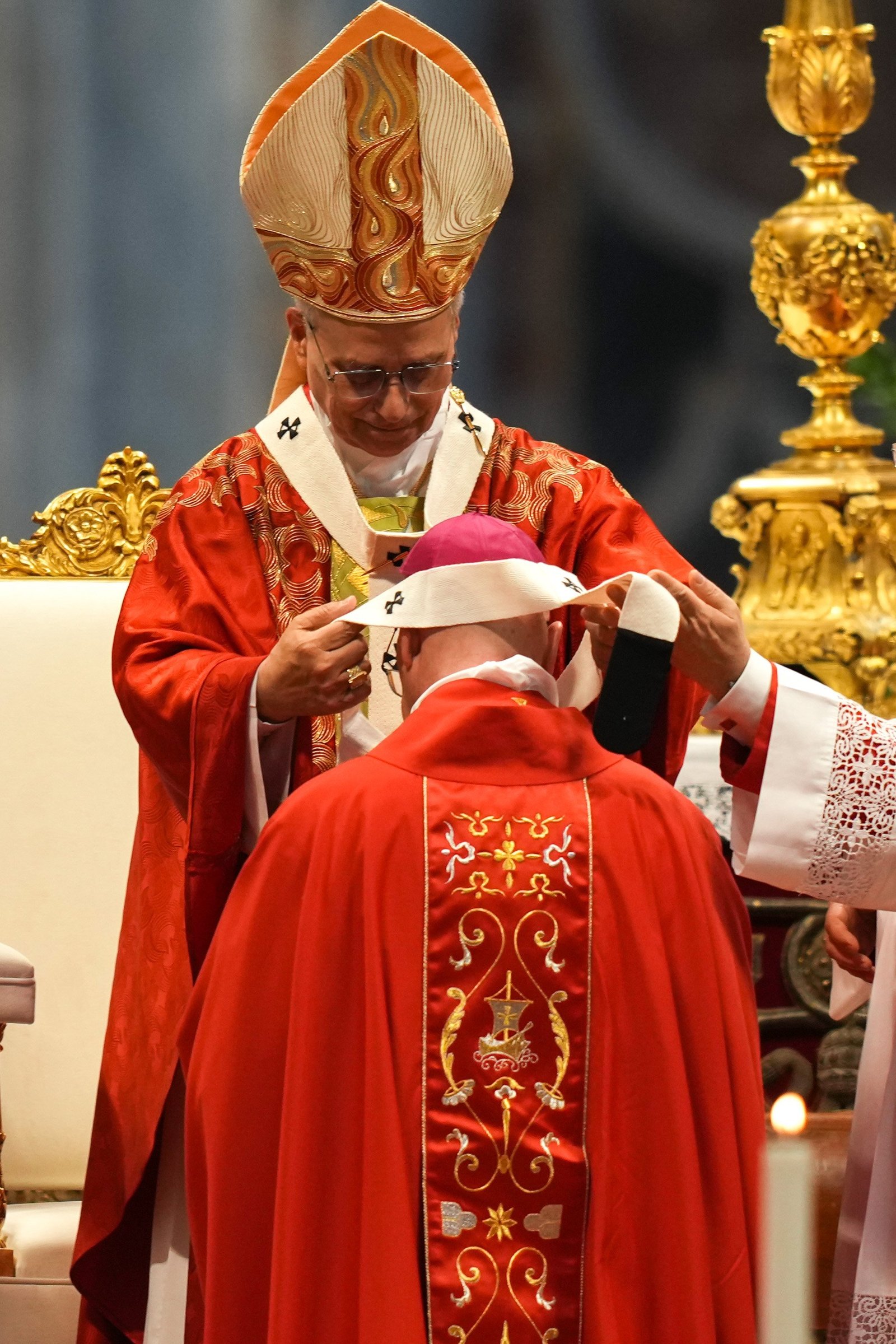 Archbishop James R. Golka of Denver receives his pallium from Pope Leo XIV during Mass in St. Peter’s Basilica at the Vatican June 29, 2026, the feast of Sts. Peter and Paul. The pope blessed palliums for 35 new metropolitan archbishops, including four from the United States. (CNS photo/Lola Gomez)