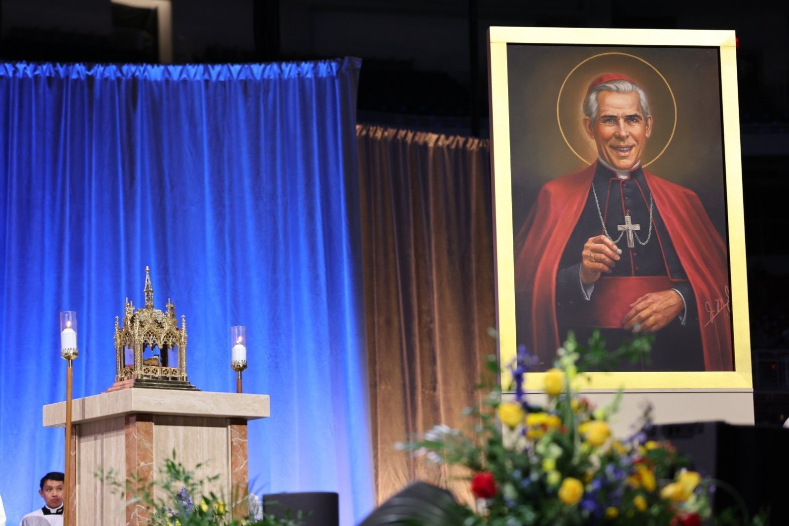 A major relic of Blessed Fulton J. Sheen is displayed next to his official portrait at his beatification Mass Sept. 24, 2026, at The Dome at America's Center in St. Louis. (OSV News photo/Margaret Murray)