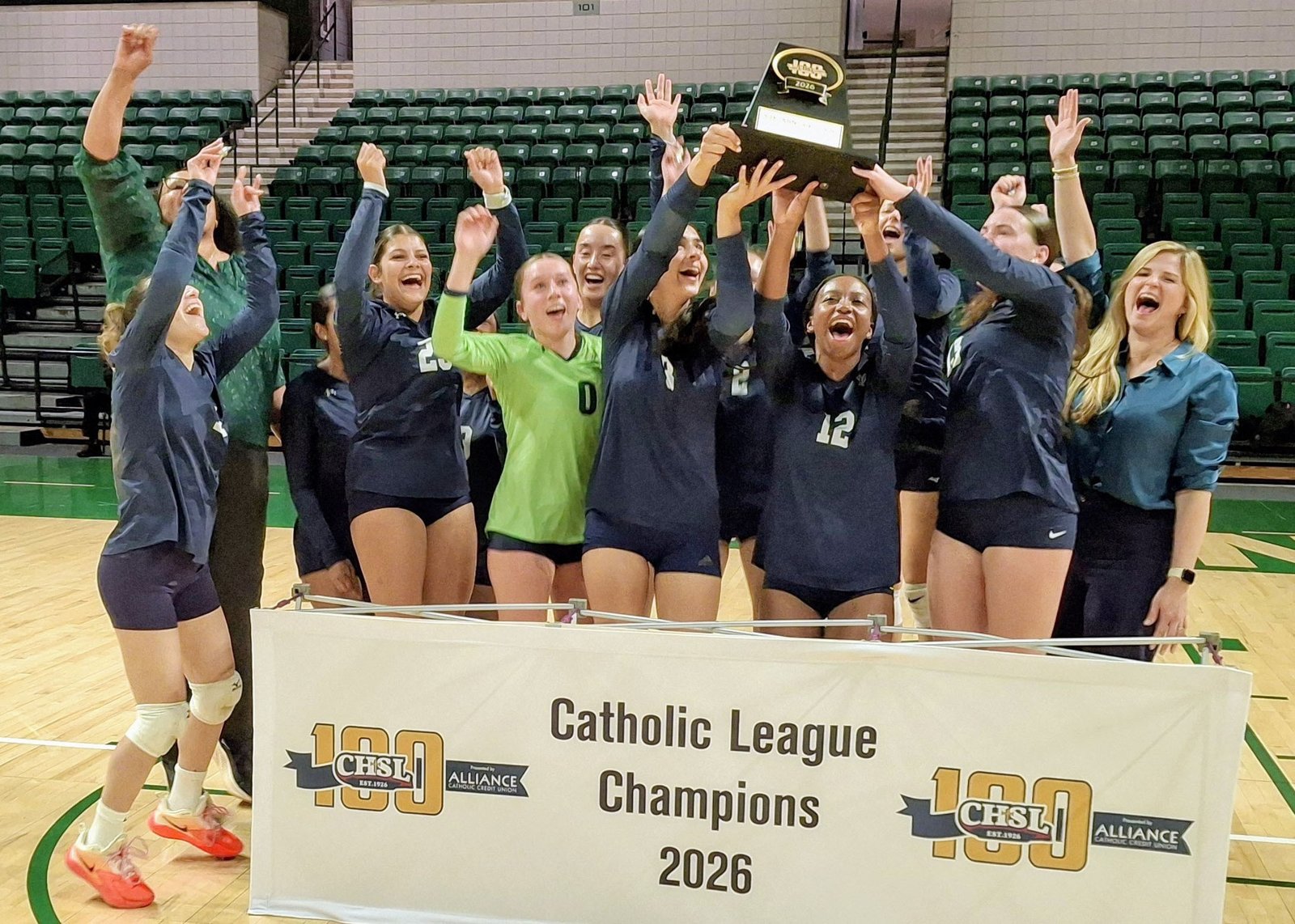 There was no containing the joy of a jubilant Greenhills squad that celebrated after beating Bishop Foley in five sets to win the CHSL Ste. Anne Division trophy two years in a row.