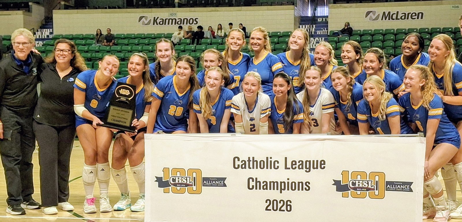 State-ranked No. 2 Marian defeated state-ranked No. 1 Mercy in four sets to win the CHSL Bishop Division trophy. The schools have split the league title 5-5 in the last ten years.