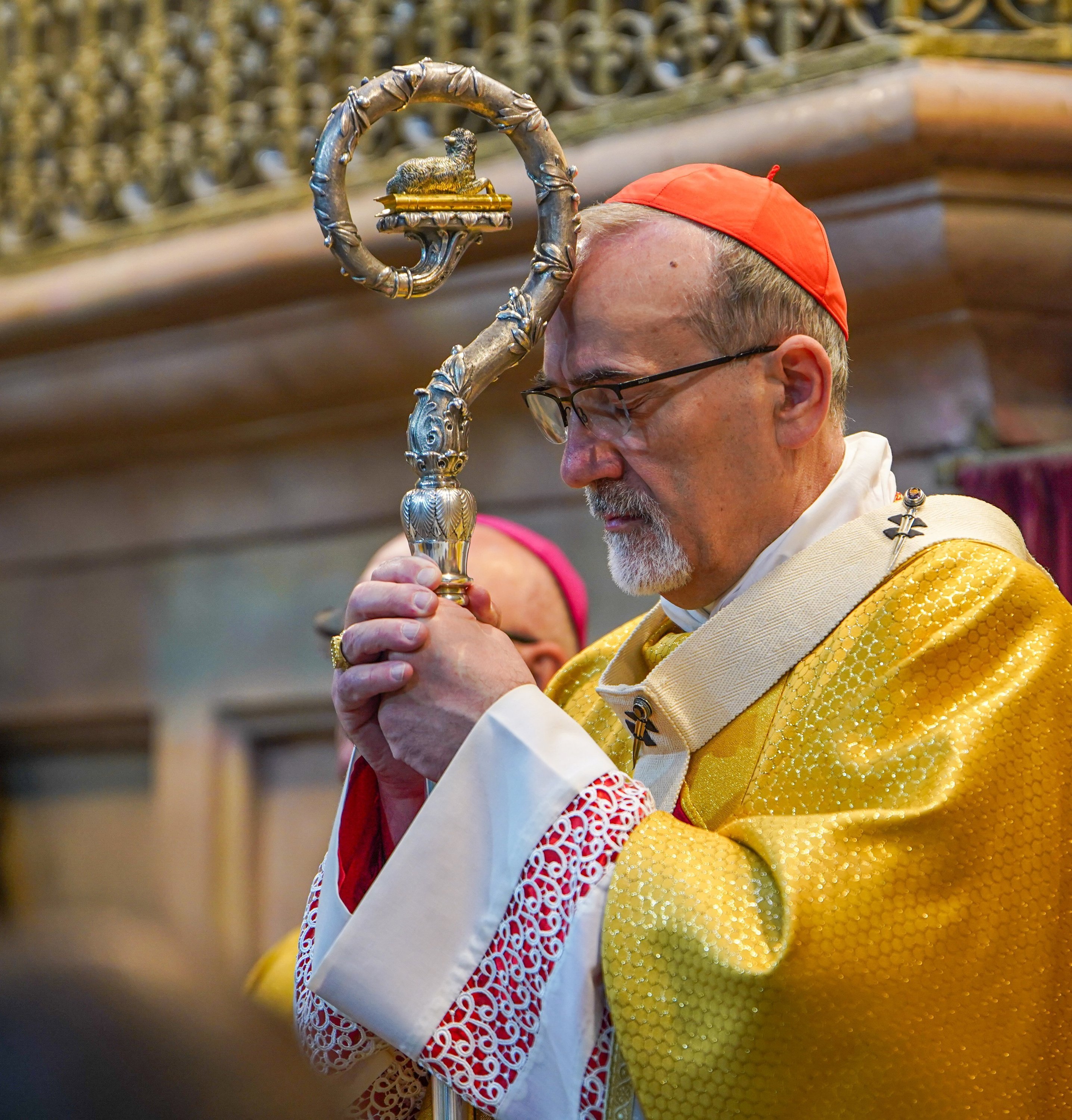 Cardinal Pierbattista Pizzaballa, the Latin patriarch of Jerusalem, prays as he celebrates Mass before leading a Corpus Christi procession in the Church of the Holy Sepulcher in Jerusalem June 4, 2026. (OSV News photo/courtesy Latin Patriarchate of Jerusalem)