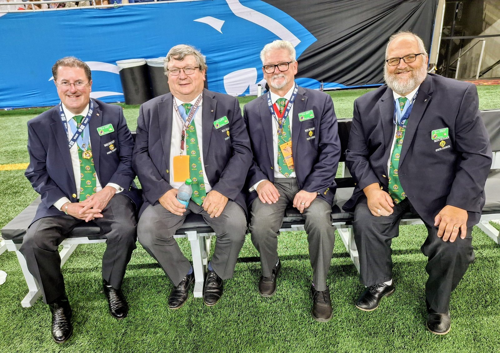 No, this isn’t the Lions front four, but Knights of Columbus state officers at the CHSL Prep Bowl LIV on Oct. 24 at Ford Field: Dean Hayward, State Warden, Grand Blanc Council 6742; Vern Miron, State Secretary, Baraga Council 2934; Charles McCuen III, State Director, Roseville; and Joel Kendzorski, State Advocate, Hawks Council 6657. The Knights of Columbus has been a major sponsor of the Prep Bowl for 54 years.