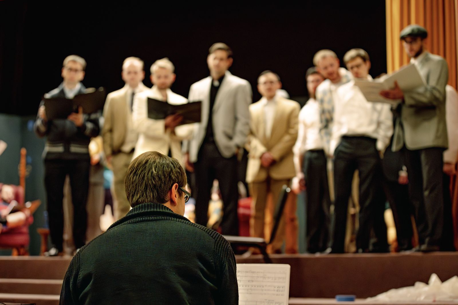 Seminarians rehearse a musical number from "The Bluff."