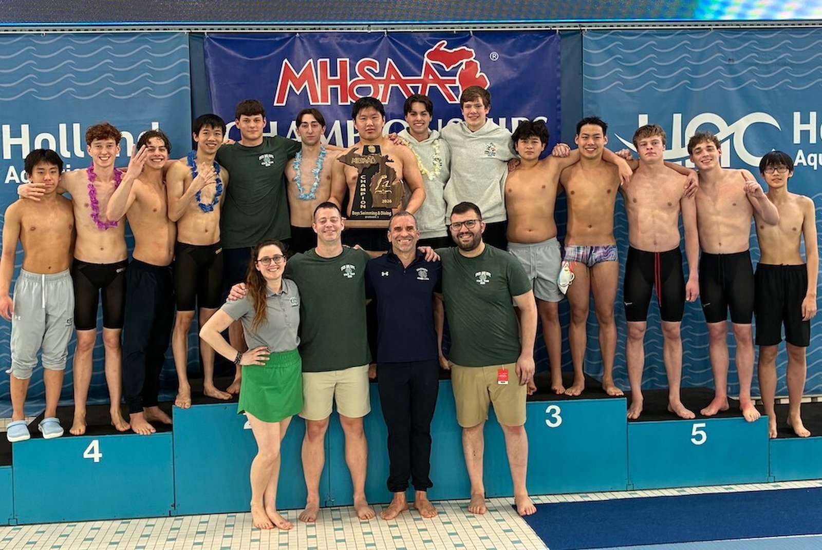 Bloomfield Hills Cranbrook won its fourth state swimming title in a row last weekend at the Holland Aquatic Center. The Cranes led the Division 3 field by winning the medley relay and finishing second in the two freestyle relay events. (Photo courtesy of Cranbrook Athletics)