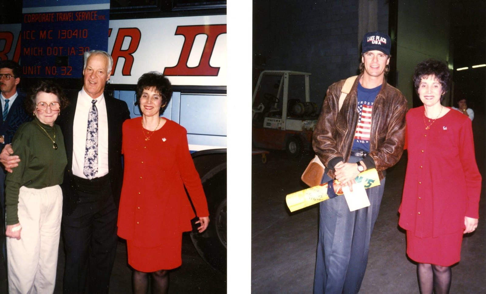 At left, Sr. Maria Theresa Magrie (in red) is pictured with Detroit Red Wings hockey legend Gordie Howe and his wife, Colleen. At right, Sr. Magrie is pictured with "MacGyver" actor Richard Dean Anderson. (Photos courtesy of IHM Archives)