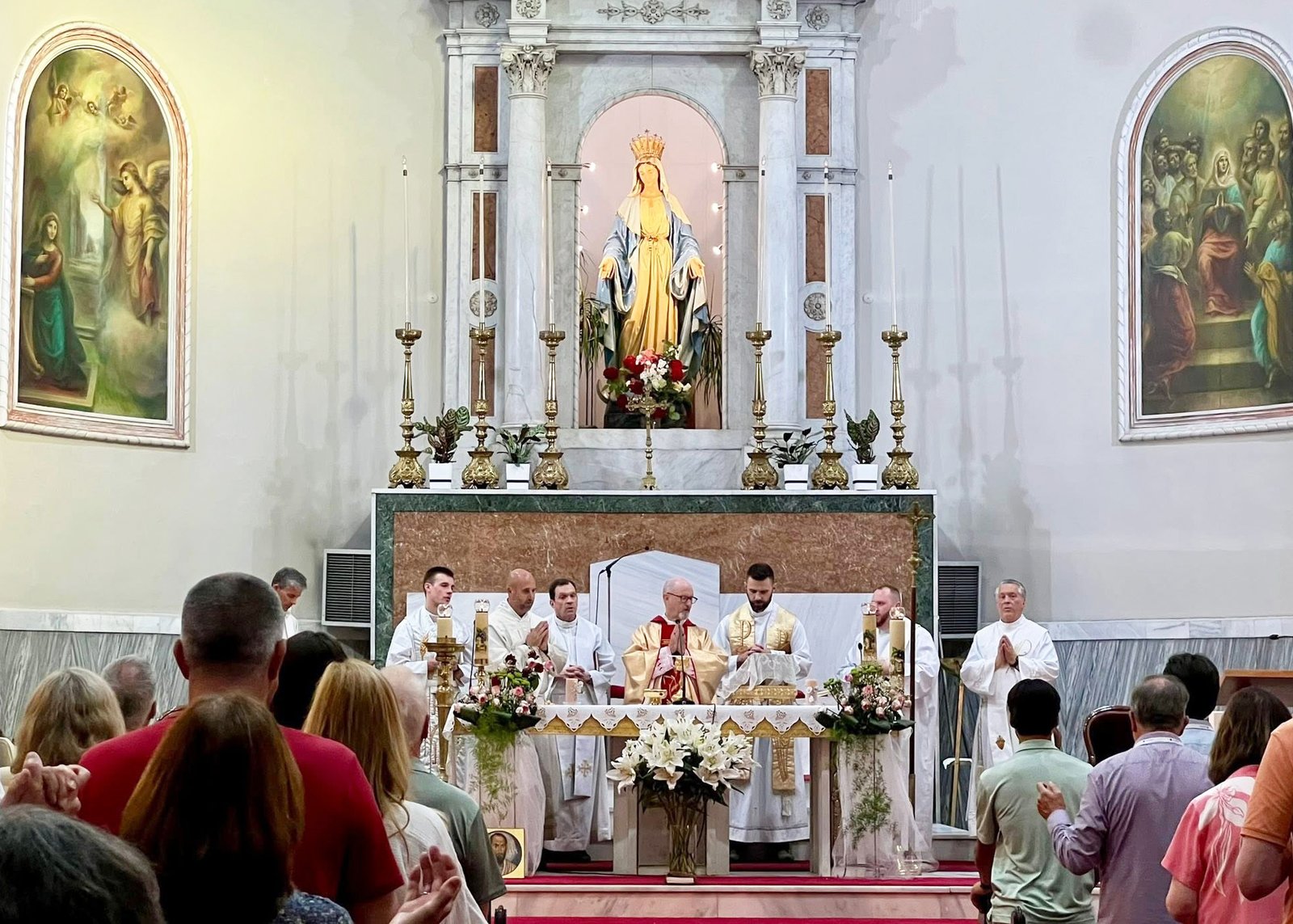 Fr. Finkbeiner and Fr. Musgrave celebrate Mass alongside Fr. John Riccardo and others at the Cathedral of the Immaculate Conception in Thessaloniki, Greece, during a pilgrimage this summer. (Photo via Corporate Travel Service's Facebook page)