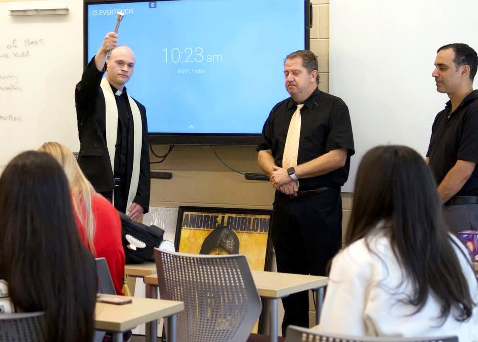 Fr. Daniel Whalen blesses a classroom at St. Mary's Preparatory in Orchard Lake at the beginning of the 2026-27 academic year. (Photo via Orchard Lake St. Mary's Preparatory's Facebook page)