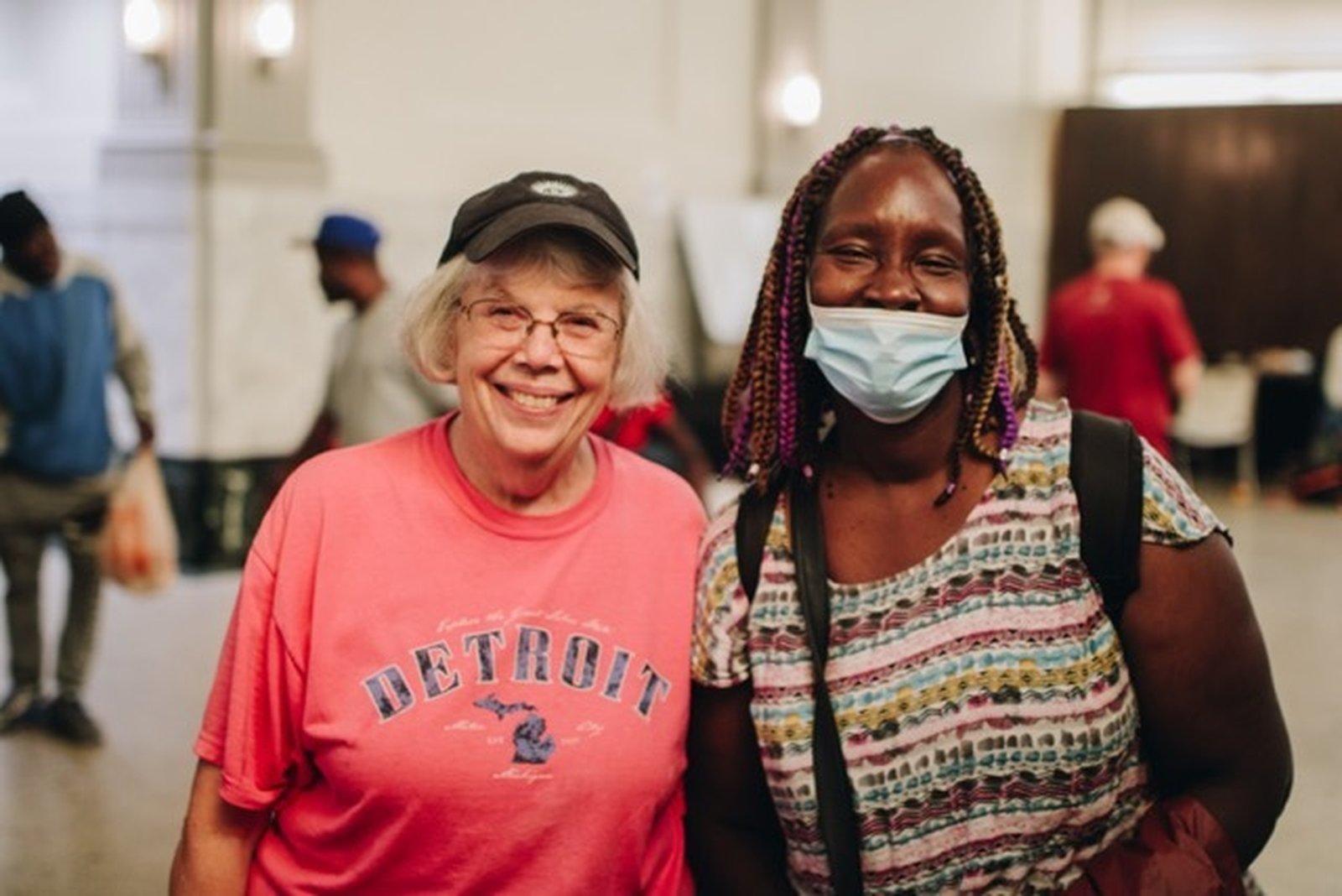 Sr. Linda Werthman, RSM, is pictured alongside a guest at the Pope Francis Center in 2021.