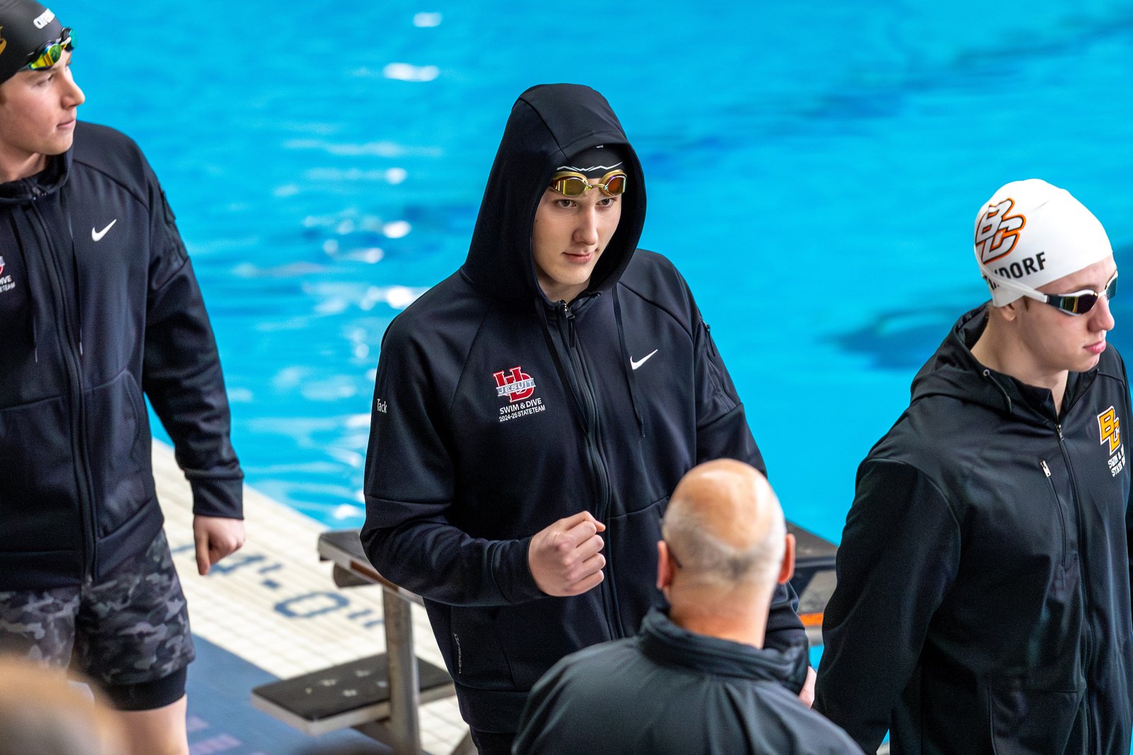 University of Detroit Jesuit senior Evan Tack is psyched up during the walkout for the individual medley. He went on to win the race in a Division 2 state record time of 1:46.28. (Photo courtesy of Steven Tack)
