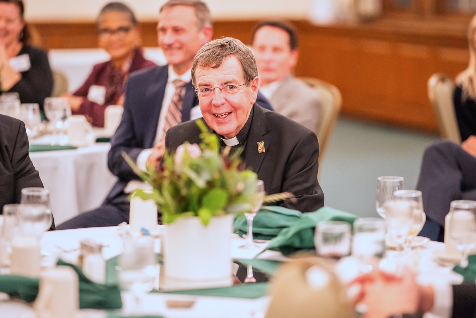 Archbishop Vigneron smiles Oct. 16, 2023, during a 75th birthday celebration in his honor with clergy, advisers and members of various consultative bodies at Sacred Heart Major Seminary. (Valaurian Waller | Detroit Catholic)