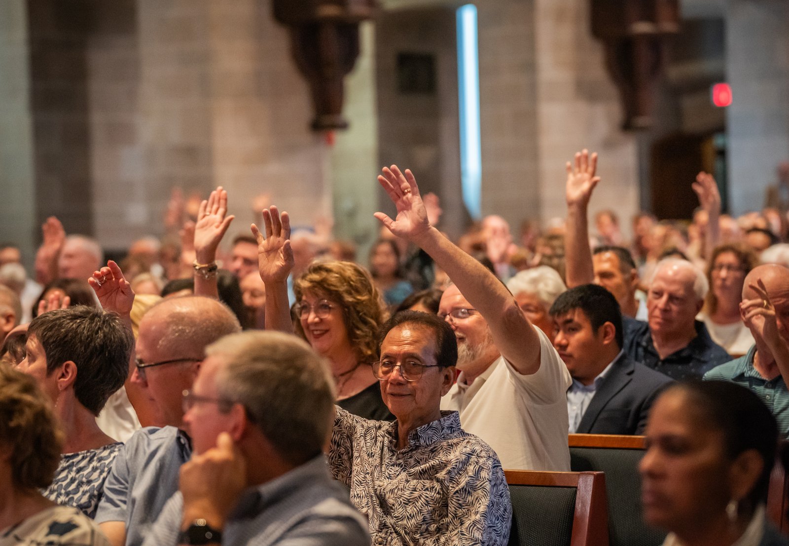 Bishop Fisher began his homily by asking couples to raise their hands to indicate how long they have been married. The bishop started at 10 years and worked his way up to 70 years, with one couple remaining who received applause from the congregation.