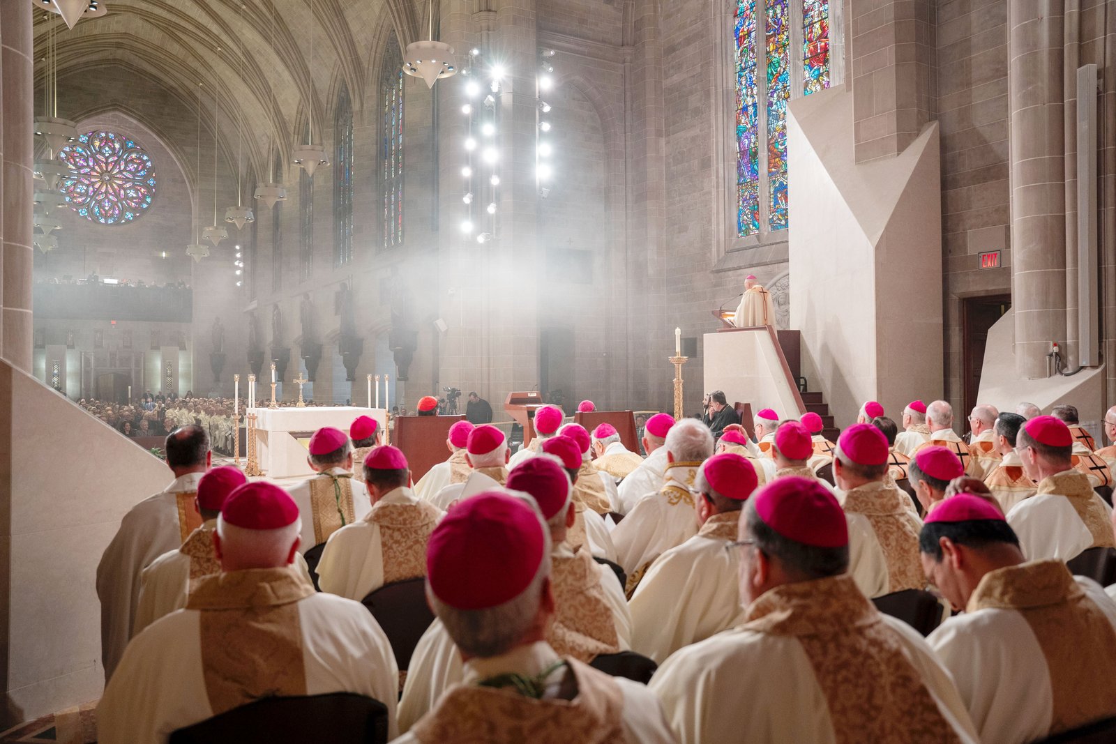 As incense fills the sanctuary, Archbishop Weisenburger delivers his first homily as archbishop of Detroit as nearly 30 concelebrating bishops seated in the sanctuary look out into the congregation. (Valaurian Waller | Detroit Catholic)