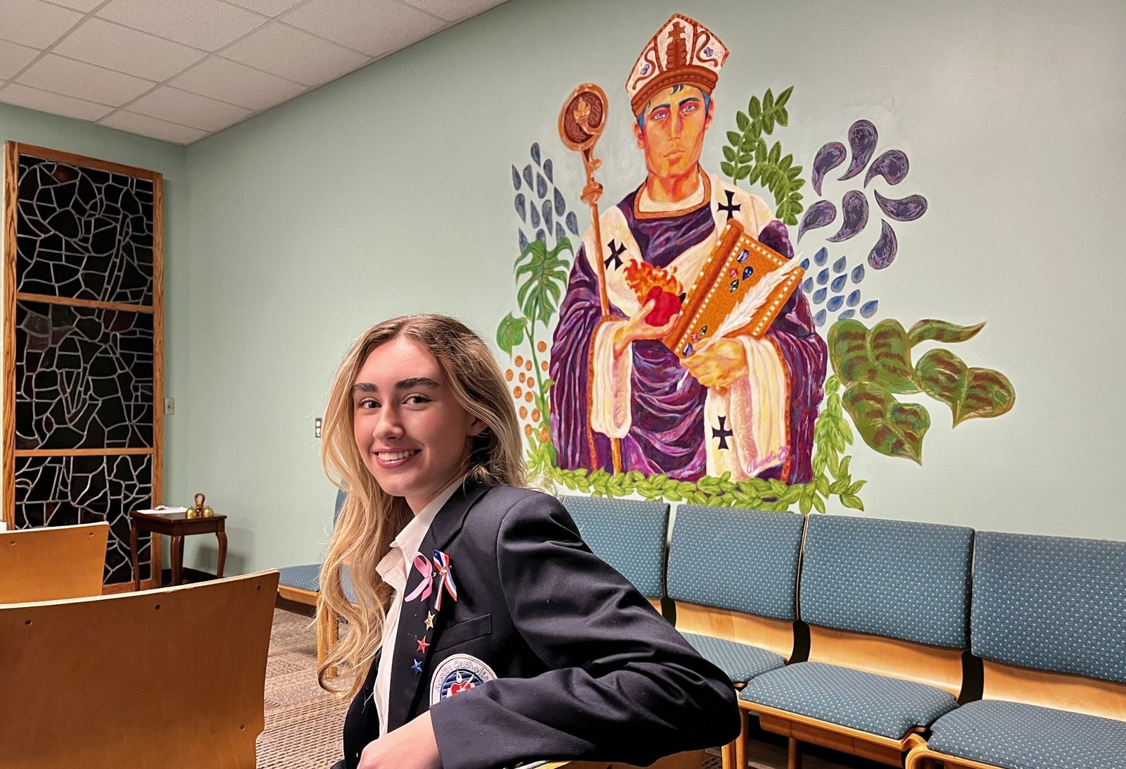 Students at Austin Catholic will see Allie Gianino’s life-size mural of St. Augustine whenever they visit the chapel. Gianino’s project was unveiled and blessed last spring.