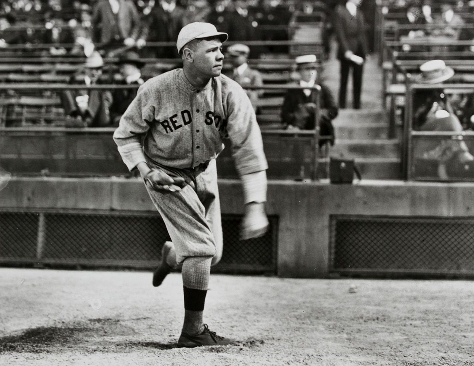 Babe Ruth pitching for the Boston Red Sox during a game between 1914 to 1919. (Frances P. Burke | Public domain)