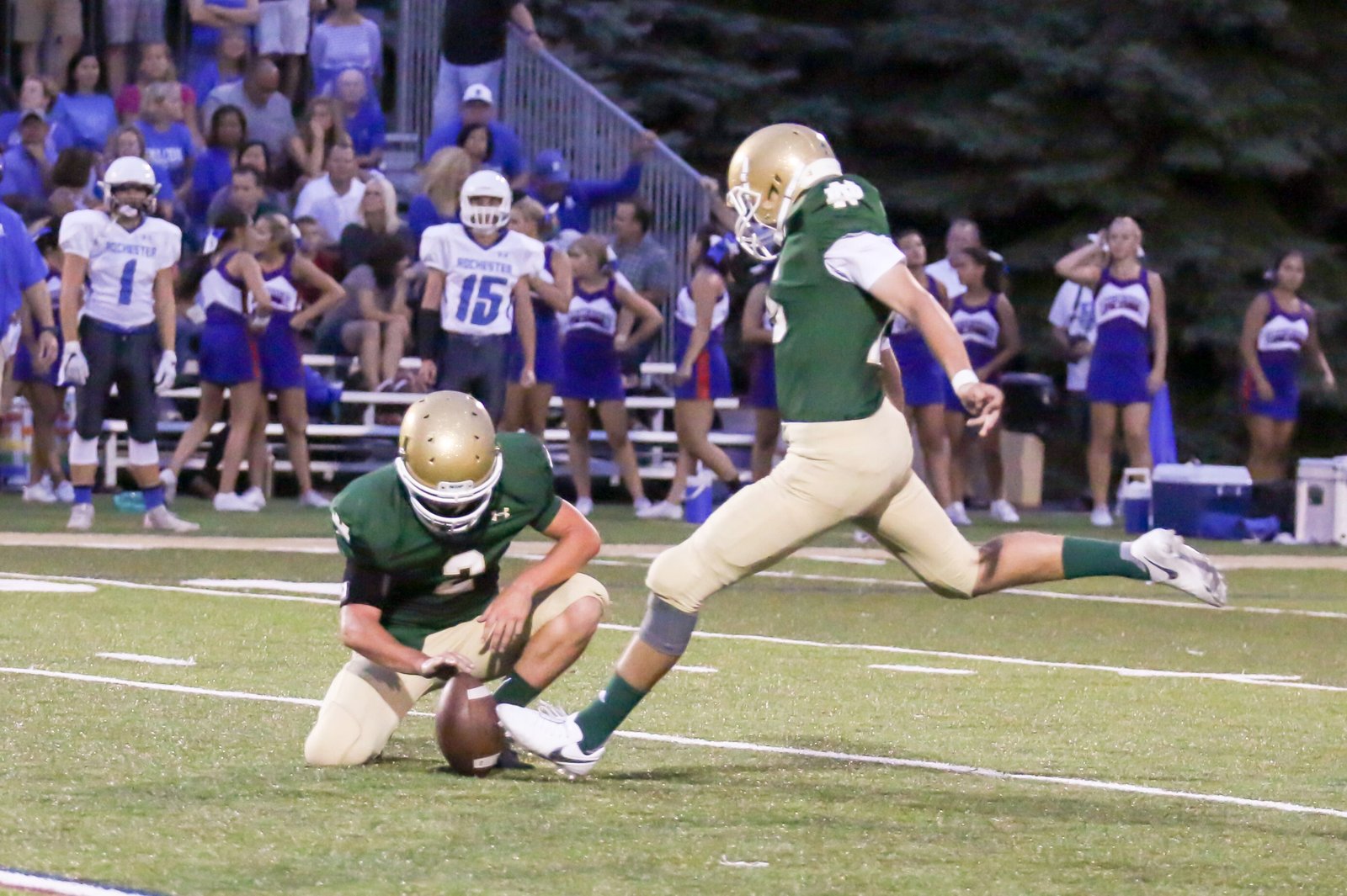 Bryce Barringer, a 2017 graduate of Pontiac Notre Dame Prep, kicks during a game for the Fighting Irish. (Courtesy photo)