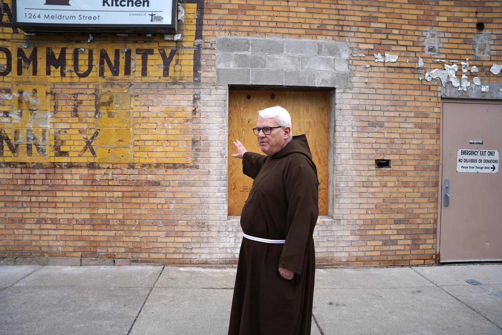 The stucco cladding that covered the Capuchin Soup Kitchen has been removed, revealing the original brick of the Capuchin Community Center Annex, which used to house the Capuchin Community Services Center. (Daniel Meloy | Detroit Catholic)