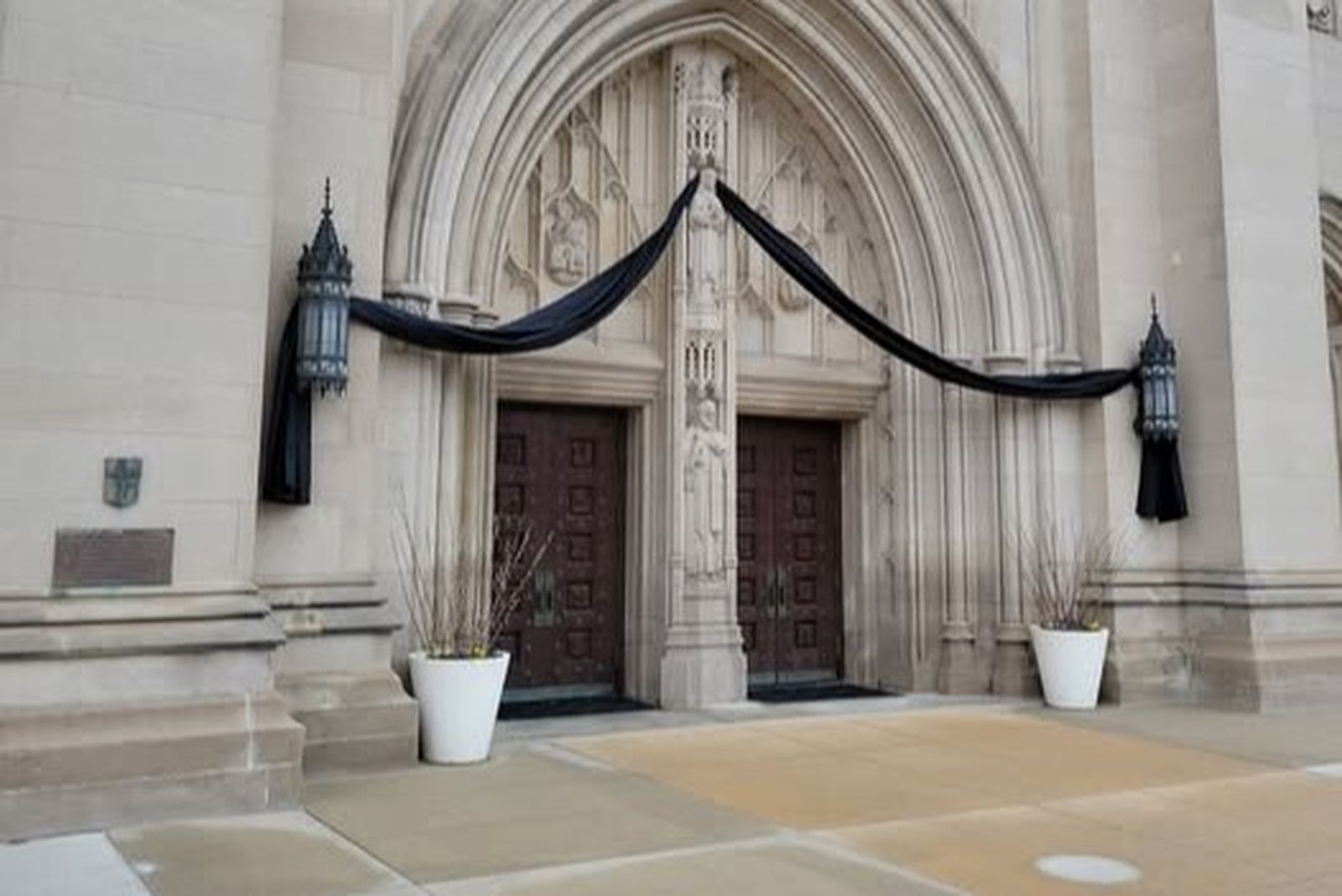 Symbolic of the mourning of the Church, black ribbons hang over the doors of the Cathedral of the Most Blessed Sacrament in Detroit on Monday, April 21, after the passing of Pope Francis on Easter Monday. (Courtesy of the Cathedral of the Most Blessed Sacrament)