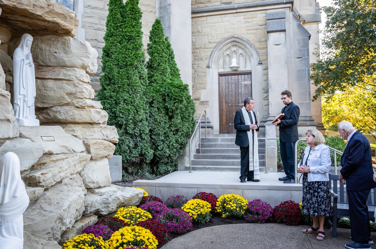 Archbishop Vigneron blesses a new grotto dedicated to Our Lady of Lourdes at the Cathedral of the Most Blessed Sacrament on Oct. 3, 2023. The grotto, which is still in the finishing stages of construction, is the culmination of a promise the archbishop made during early days of the COVID-19 pandemic, in gratitude for the Blessed Virgin Mary's spiritual protection of the sick and suffering in the Archdiocese of Detroit. (Valaurian Waller | Detroit Catholic)