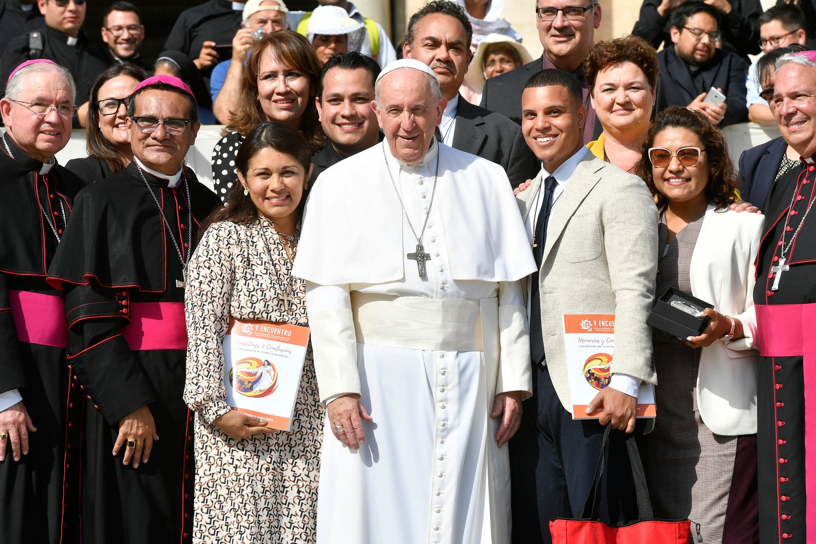 Bishop Cepeda, second from left, poses with Pope Francis on Sept. 18, 2019, with members of a U.S. delegation that traveled to Rome to present the results of the Fifth National Encuentro to the pope and top Vatican officials. (Vatican Media | CNS photo)