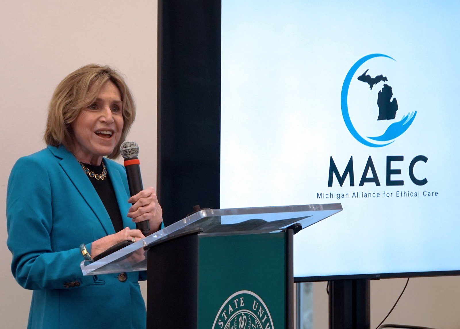 Lisa Gigliotti, Esq., a decades-long leader in the work to safeguard Michigan from physician-assisted suicide, spoke at the town hall. Gigliotti's advocacy stems from her own lived experience with severe rheumatoid arthritis and myasthenia gravis, with which she was diagnosed in her 20s.