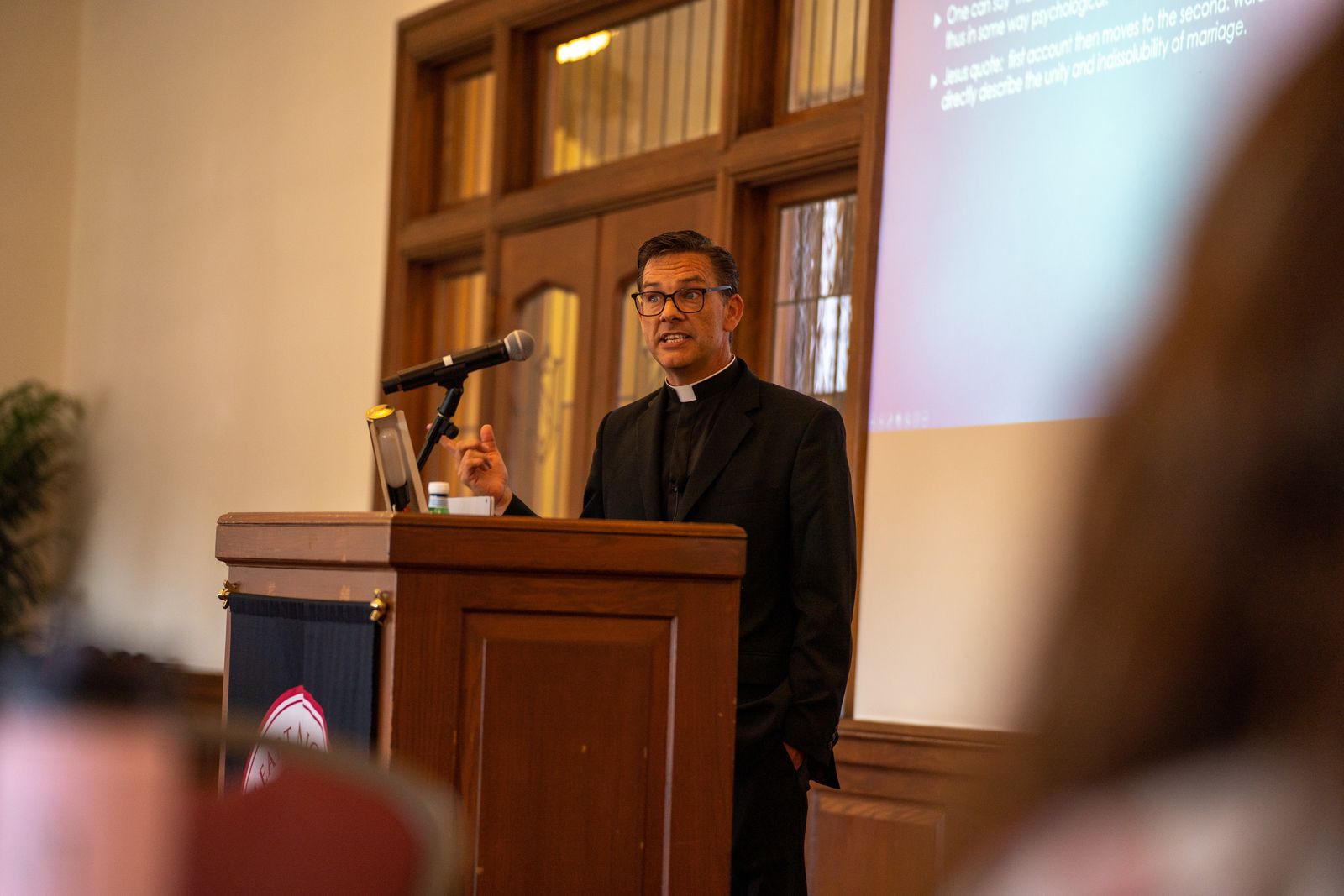 Fr. Sean Kilcawley spoke to the administrators about Pope St. John Paul II’s Theology of the Body and how it could lead them and, subsequently, their staff and students toward a better understanding of what it means to be created in the image of God. (Valaurian Waller | Detroit Catholic)